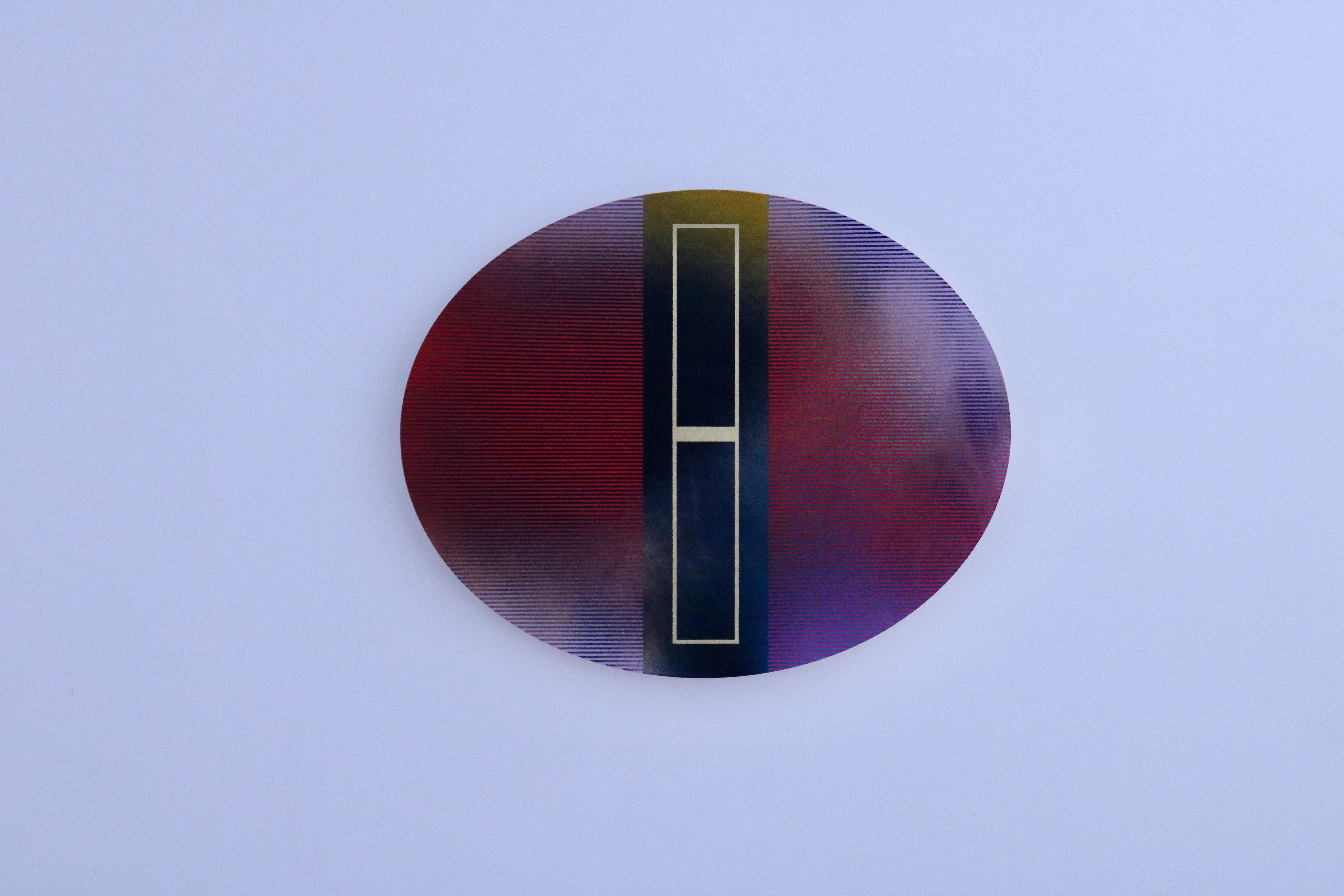 Mangata 48 Oval (panel tondo grid spray painting abstract wood Art Deco op art) 1