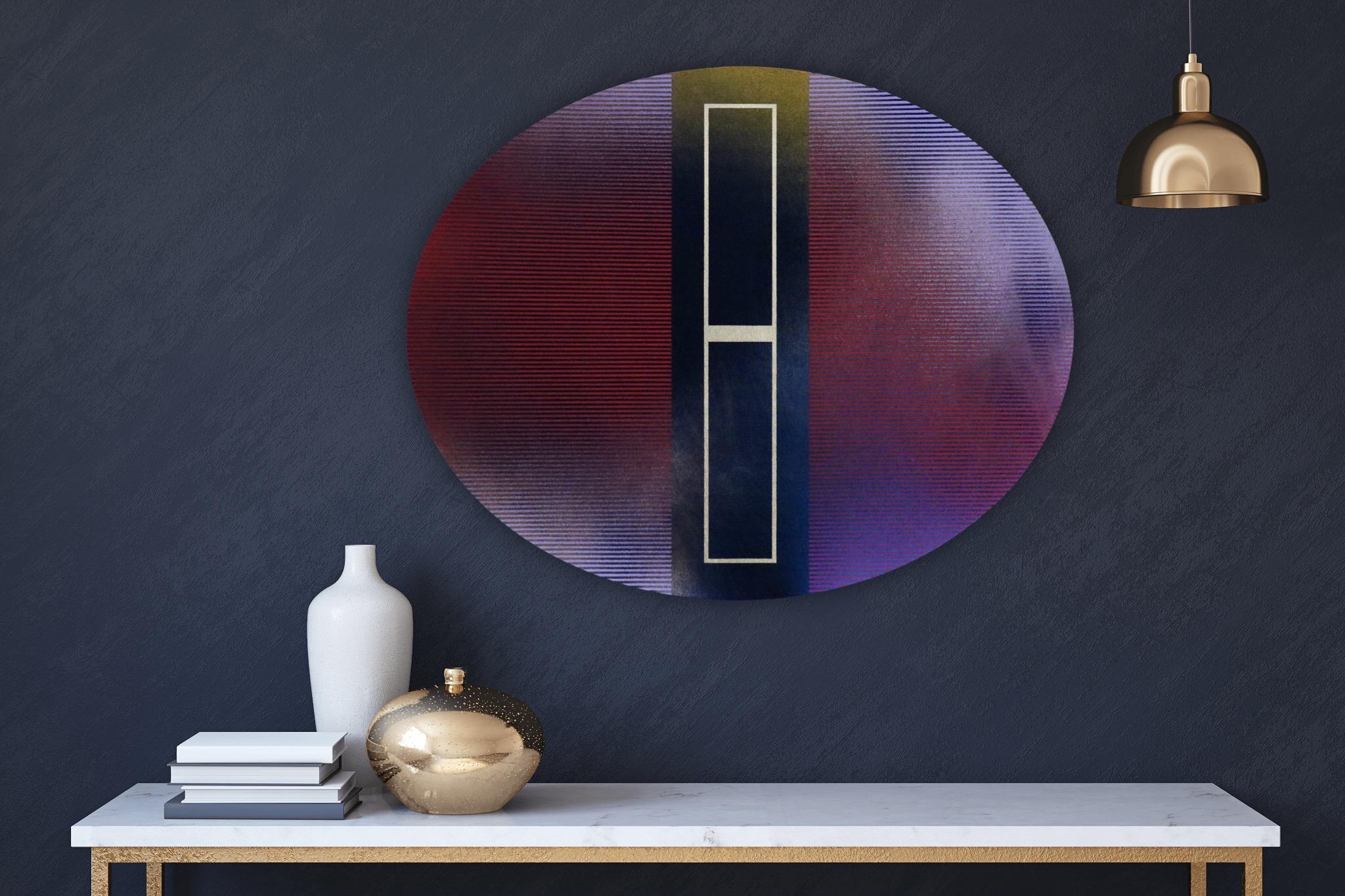 Melisa Taylor Metzger Abstract Painting - Mangata 48 Oval (panel tondo grid spray painting abstract wood Art Deco op art)