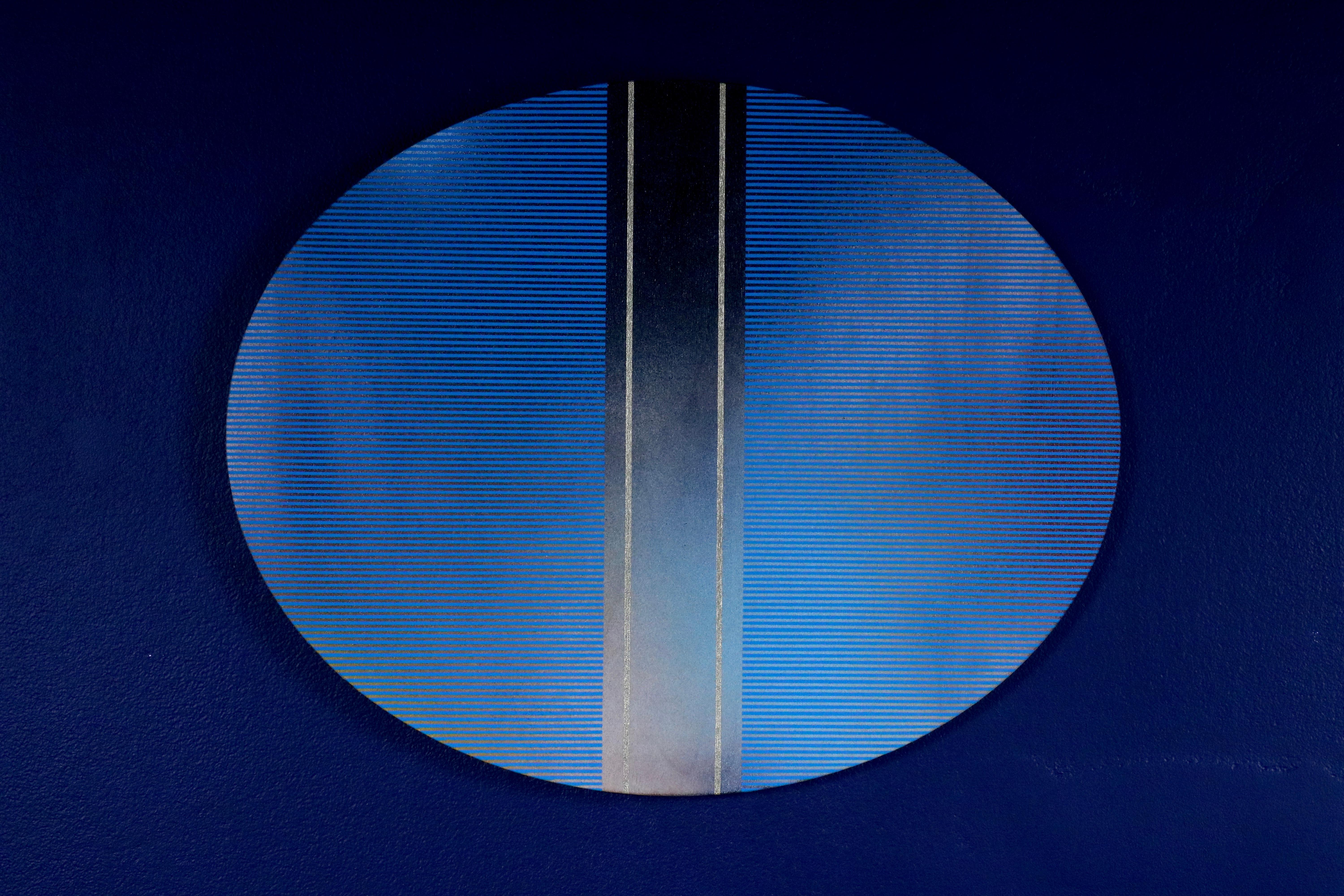 Mangata 49 Oval (klassisches blaues Raster-Gemälde abstraktes Holz Art Deco op Art) im Angebot 3