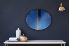 Mangata 49 Oval (classic blue grid painting abstract wood Art Deco op art)