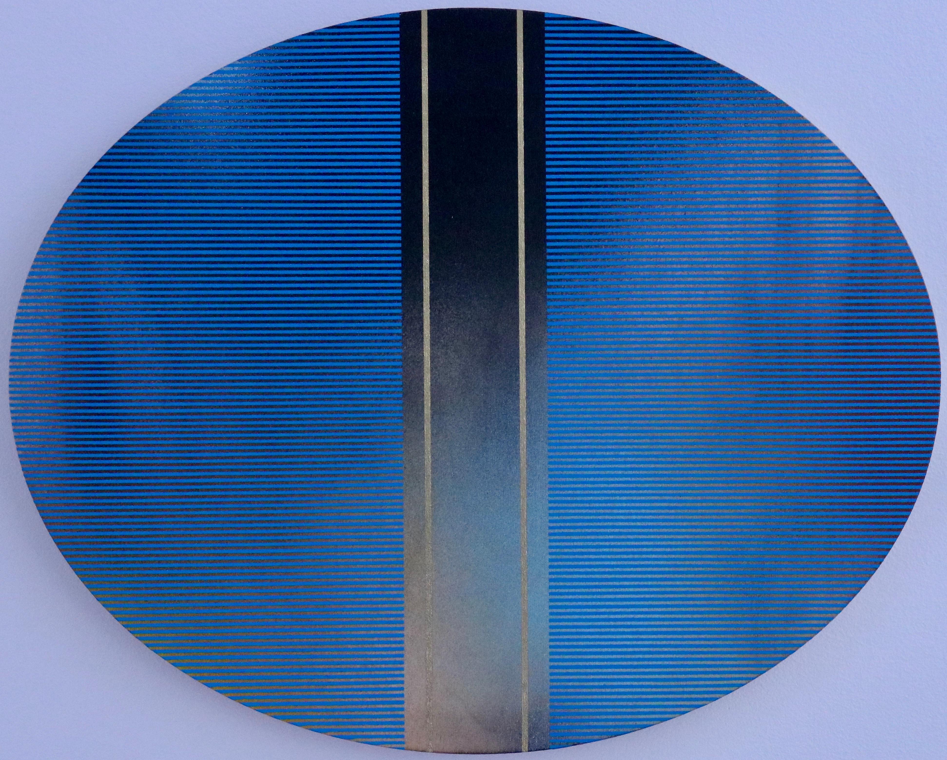 Melisa Taylor Metzger Abstract Painting - Mangata 49 Oval (classic blue grid painting abstract wood Art Deco op art)