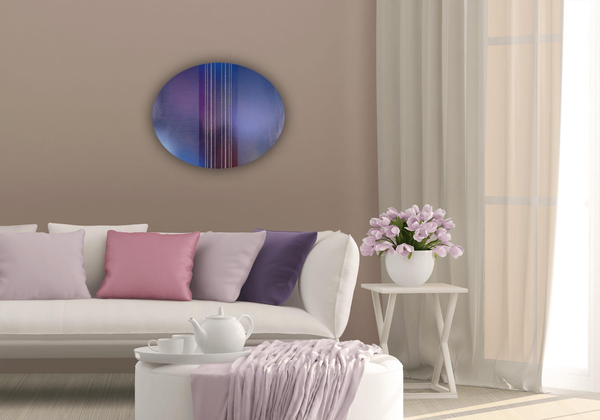 Mangata 52 Oval (circular tondo panel gold grid abstract wood Art Deco op art) - Purple Abstract Painting by Melisa Taylor Metzger