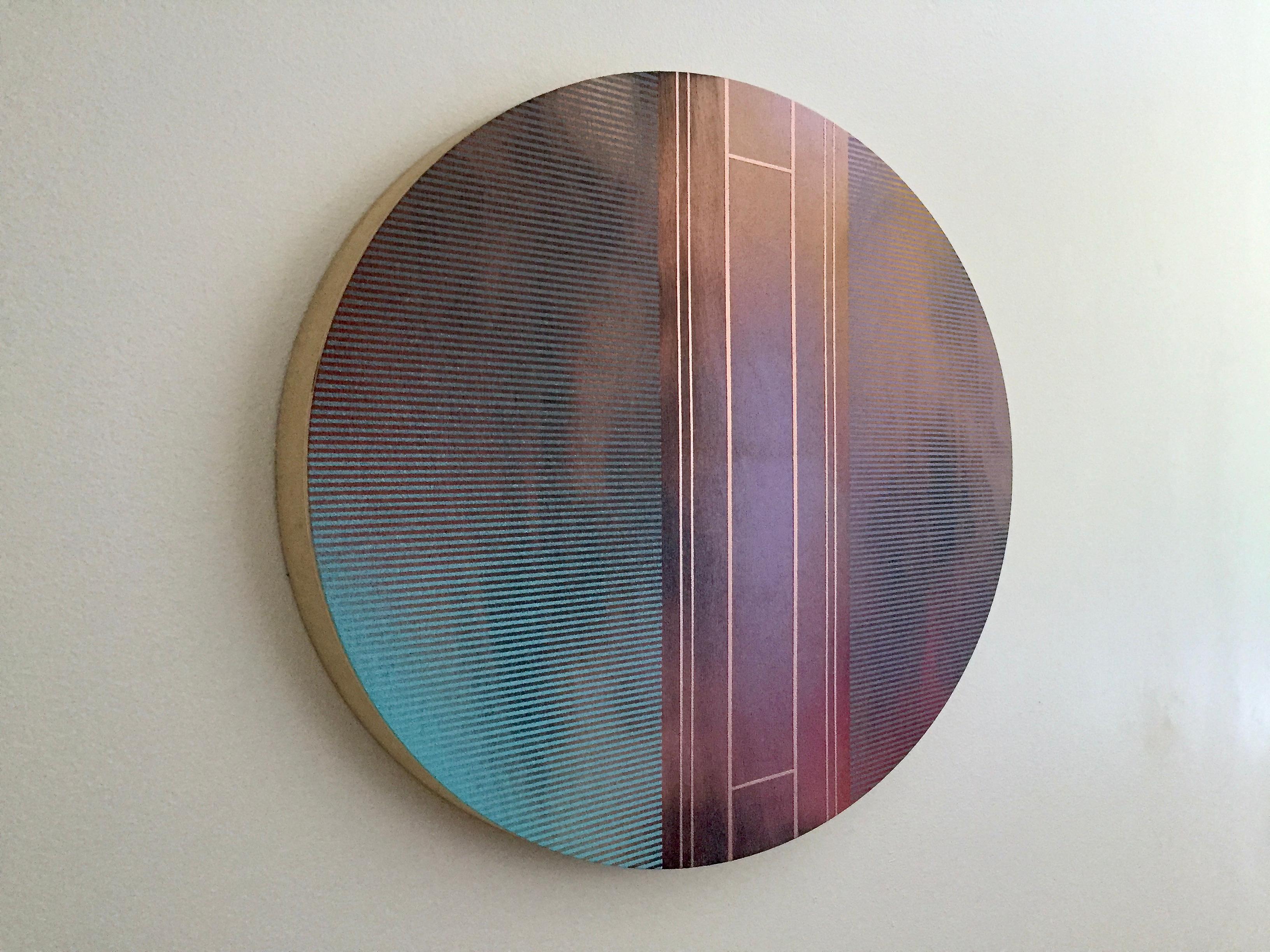 Mangata 53 Oval (circular tondo panel gold grid abstract wood Art Deco op art) - Painting by Melisa Taylor Metzger