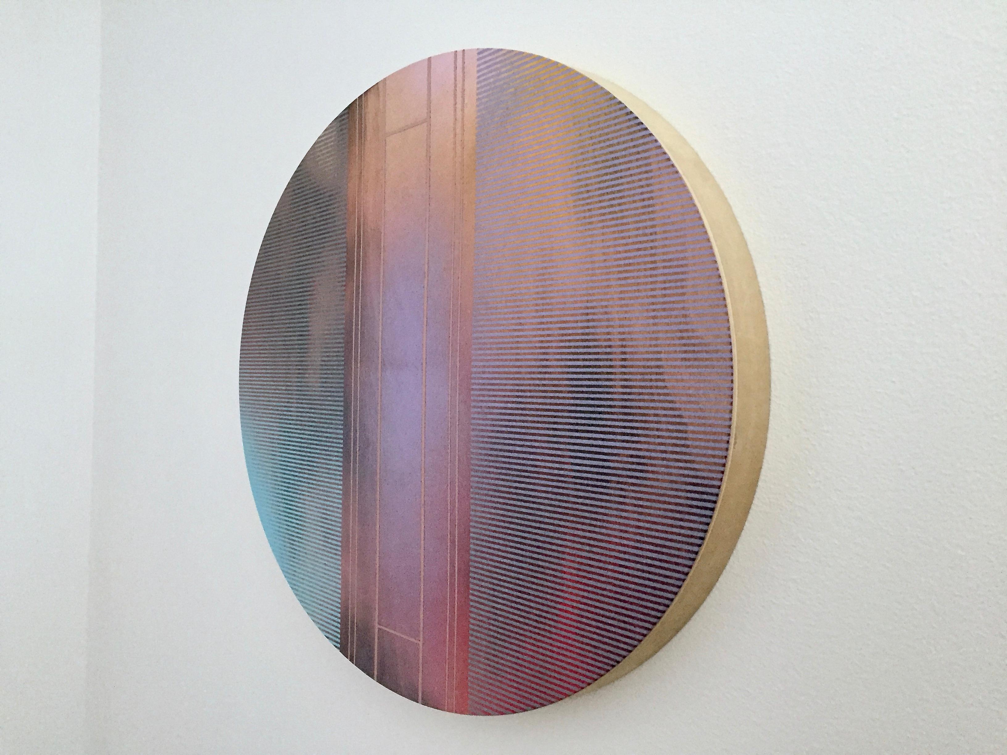 Mangata 53 Oval (circular tondo panel gold grid abstract wood Art Deco op art) - Abstract Geometric Painting by Melisa Taylor Metzger