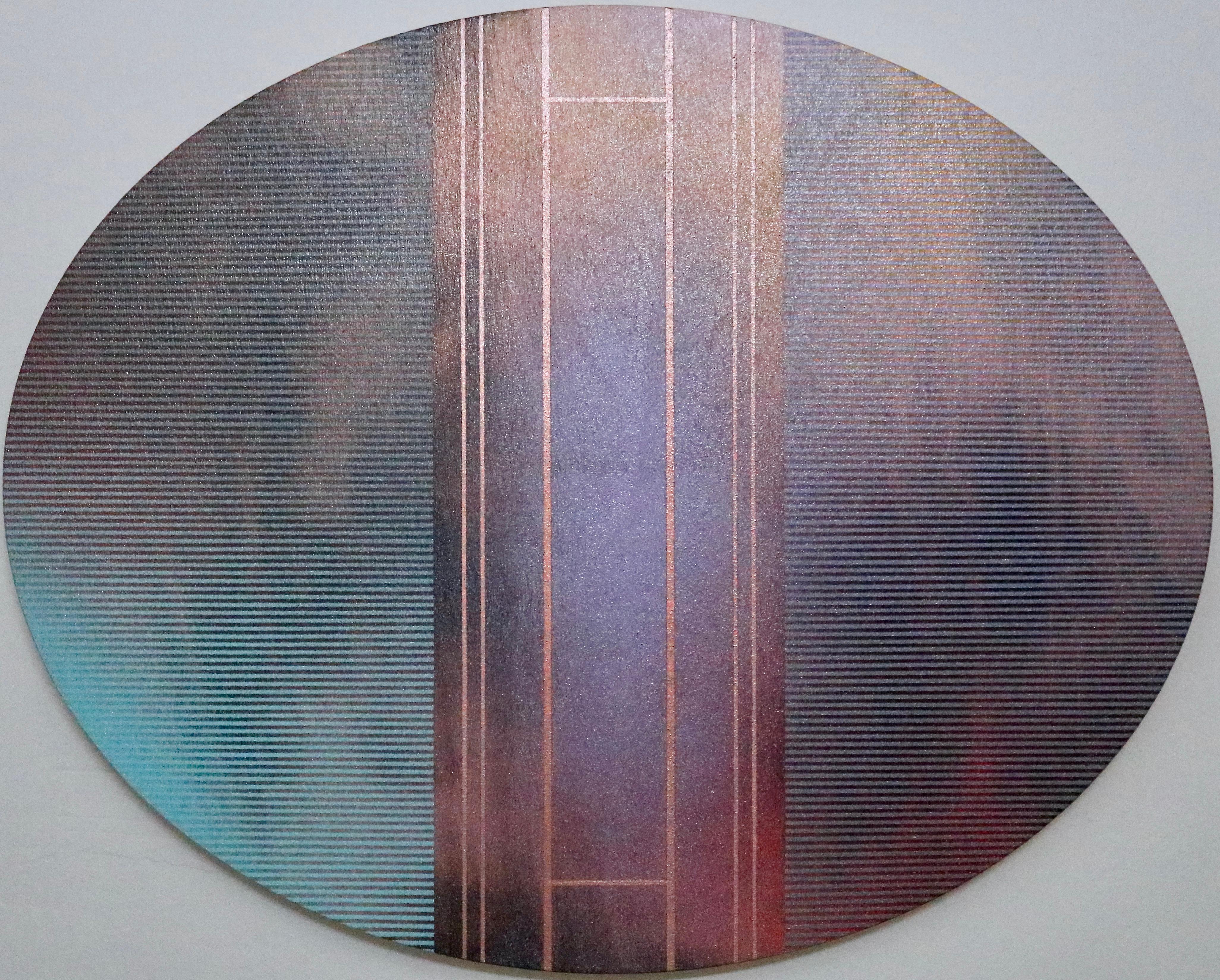 Melisa Taylor Metzger Abstract Painting - Mangata 53 Oval (circular tondo panel gold grid abstract wood Art Deco op art)