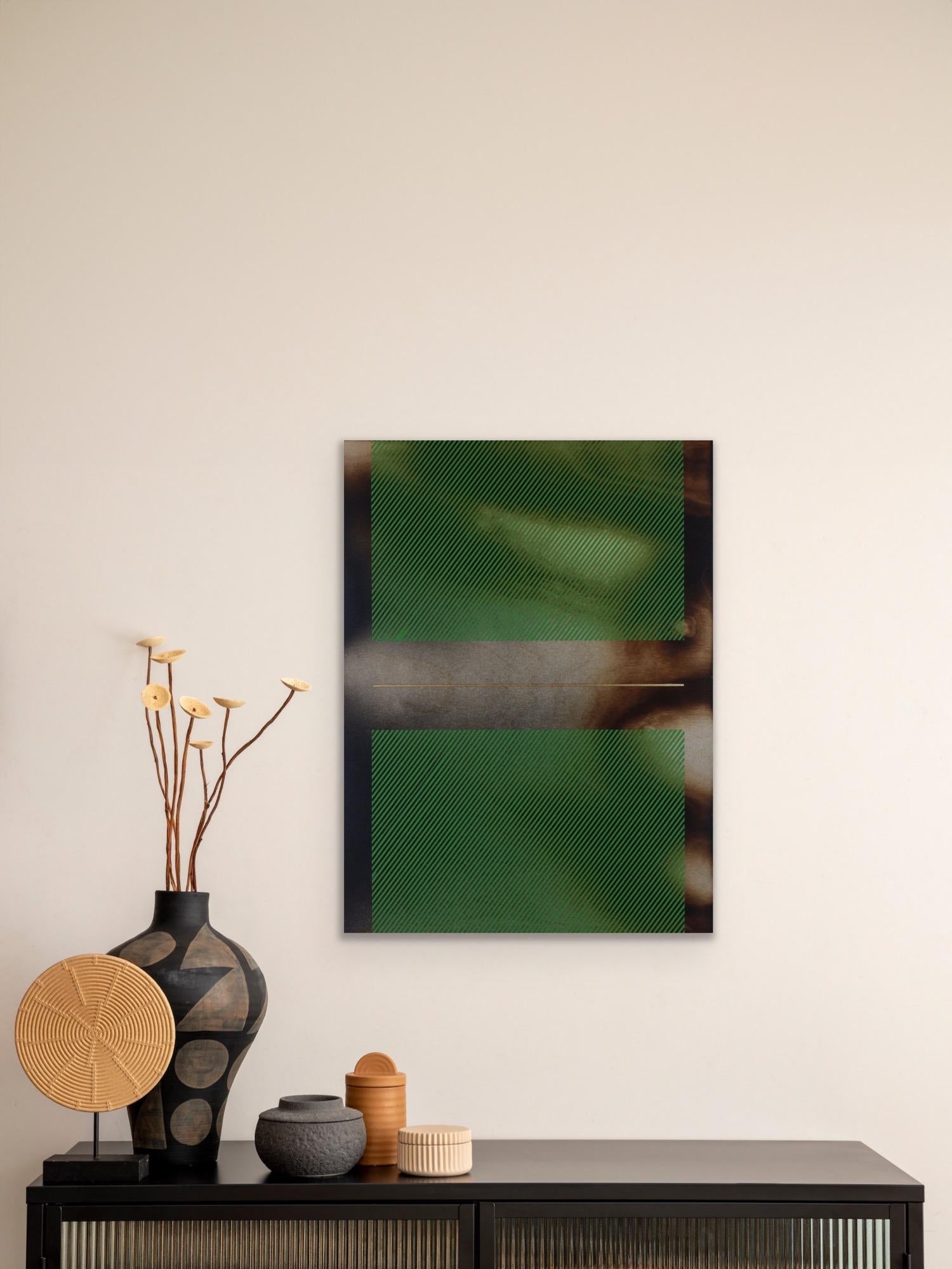Mångata Forest green (grid painting minimal wood hard-edge dopamine vibrant - Minimalist Painting by Melisa Taylor Metzger