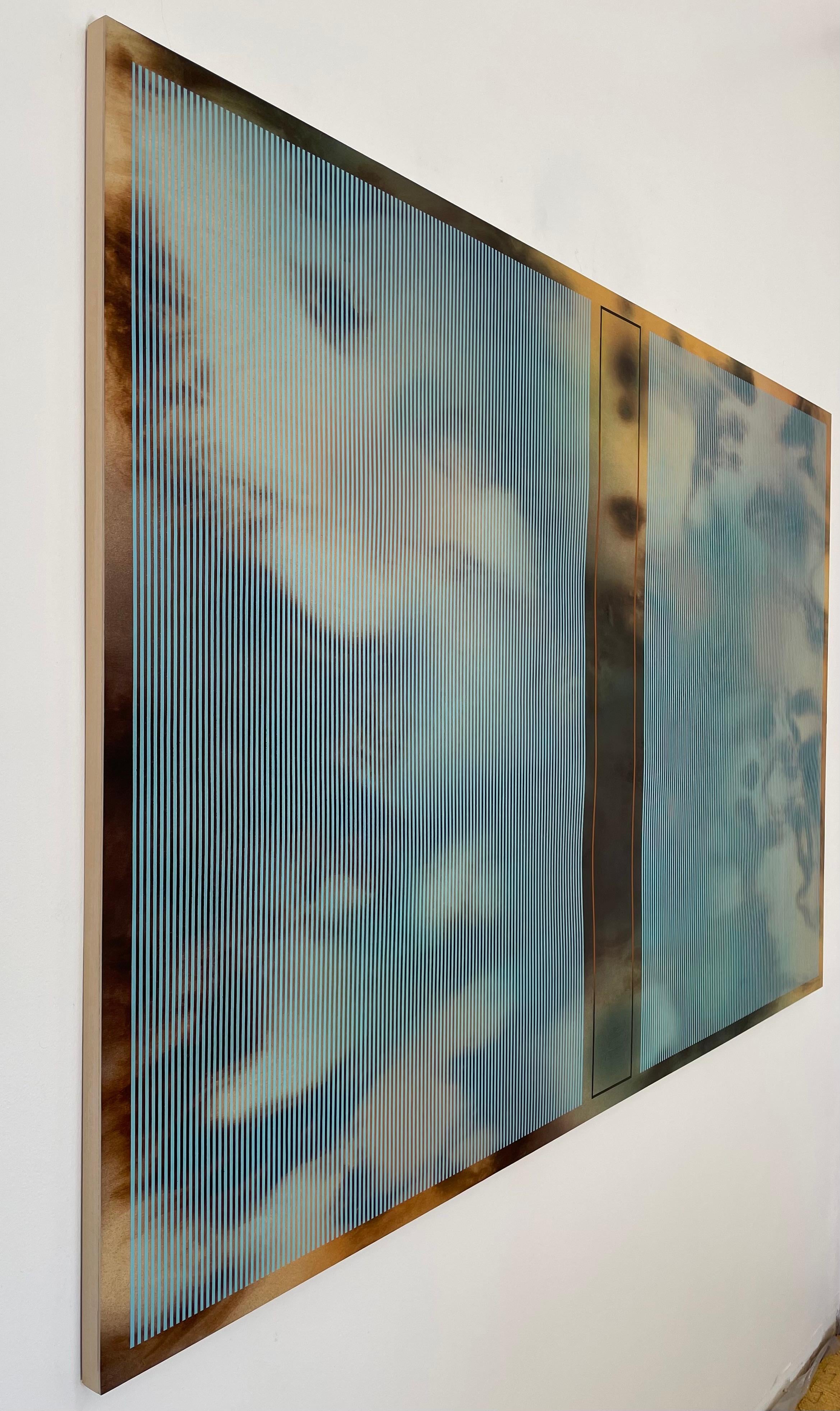 Mångata X horizontal (sky blue grid wood patterns Brown yellow nature) - Painting by Melisa Taylor Metzger