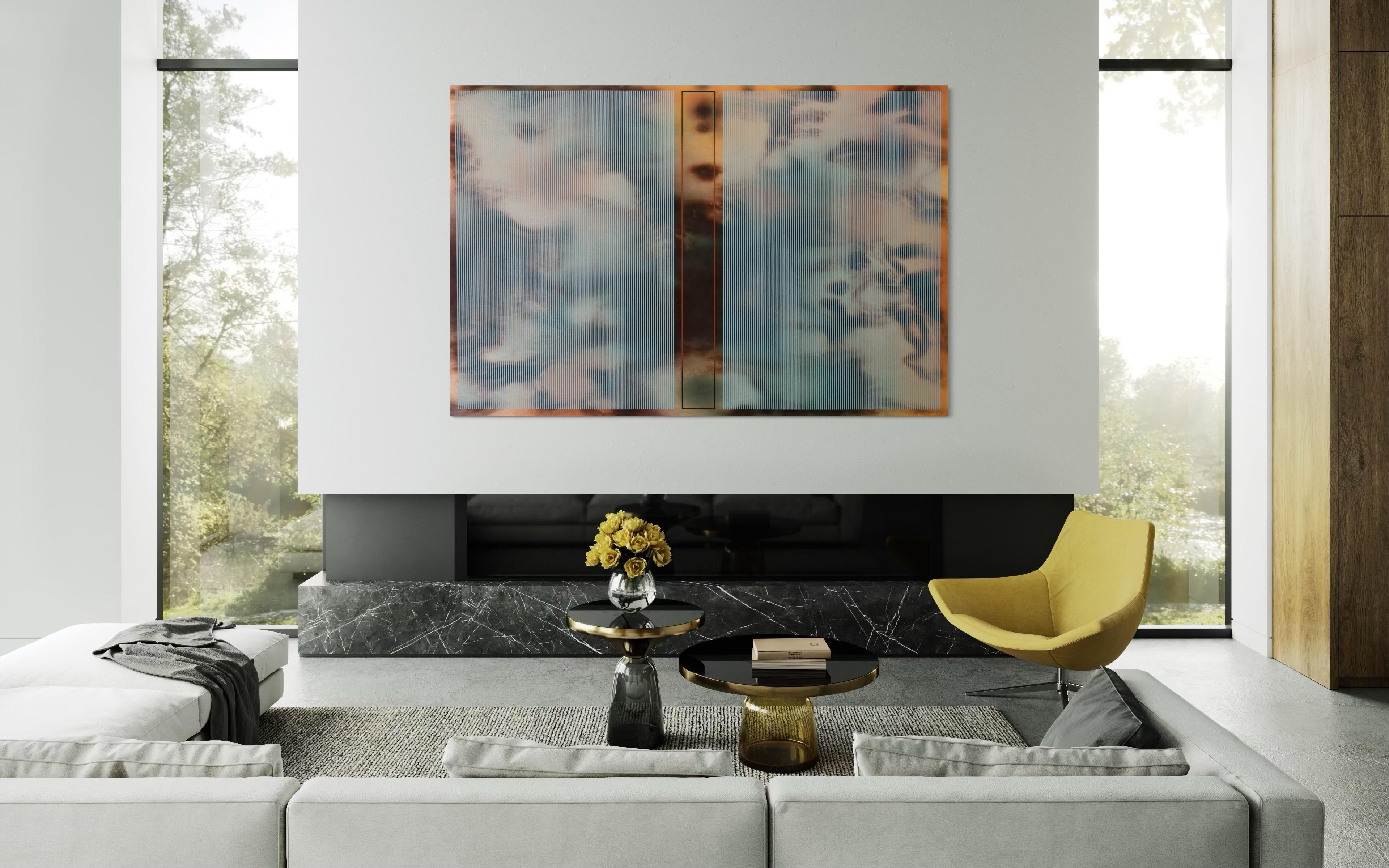 Mångata X horizontal (sky blue grid wood patterns Brown yellow nature) - Gray Abstract Painting by Melisa Taylor Metzger