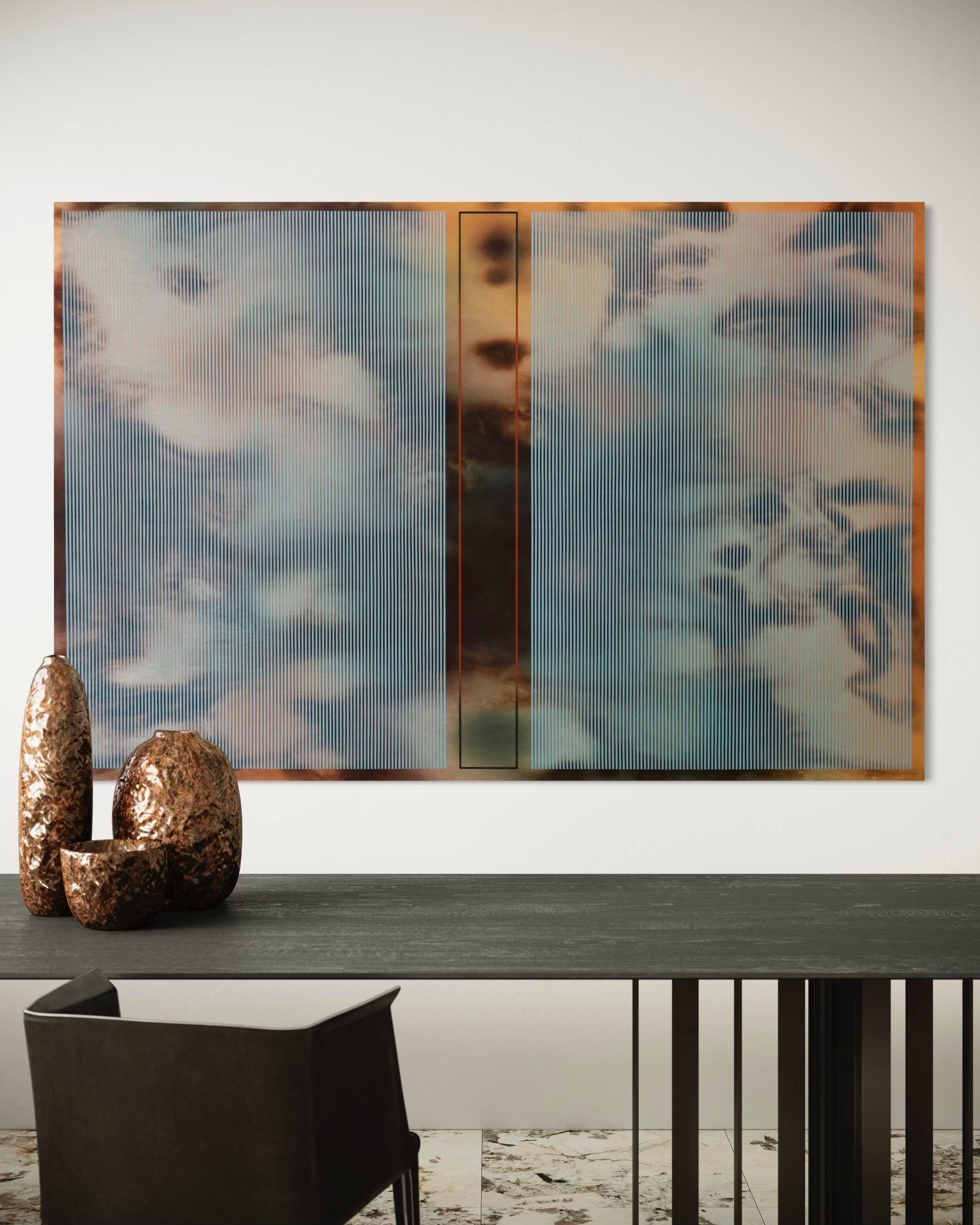 Mangata X continues Melisa Taylor Metzger’s exploration of light, structure, and materiality through her signature fusion of pyrography and airbrushed pigment. The work evokes the elusive Nordic term “mångata”—the shimmering path of moonlight