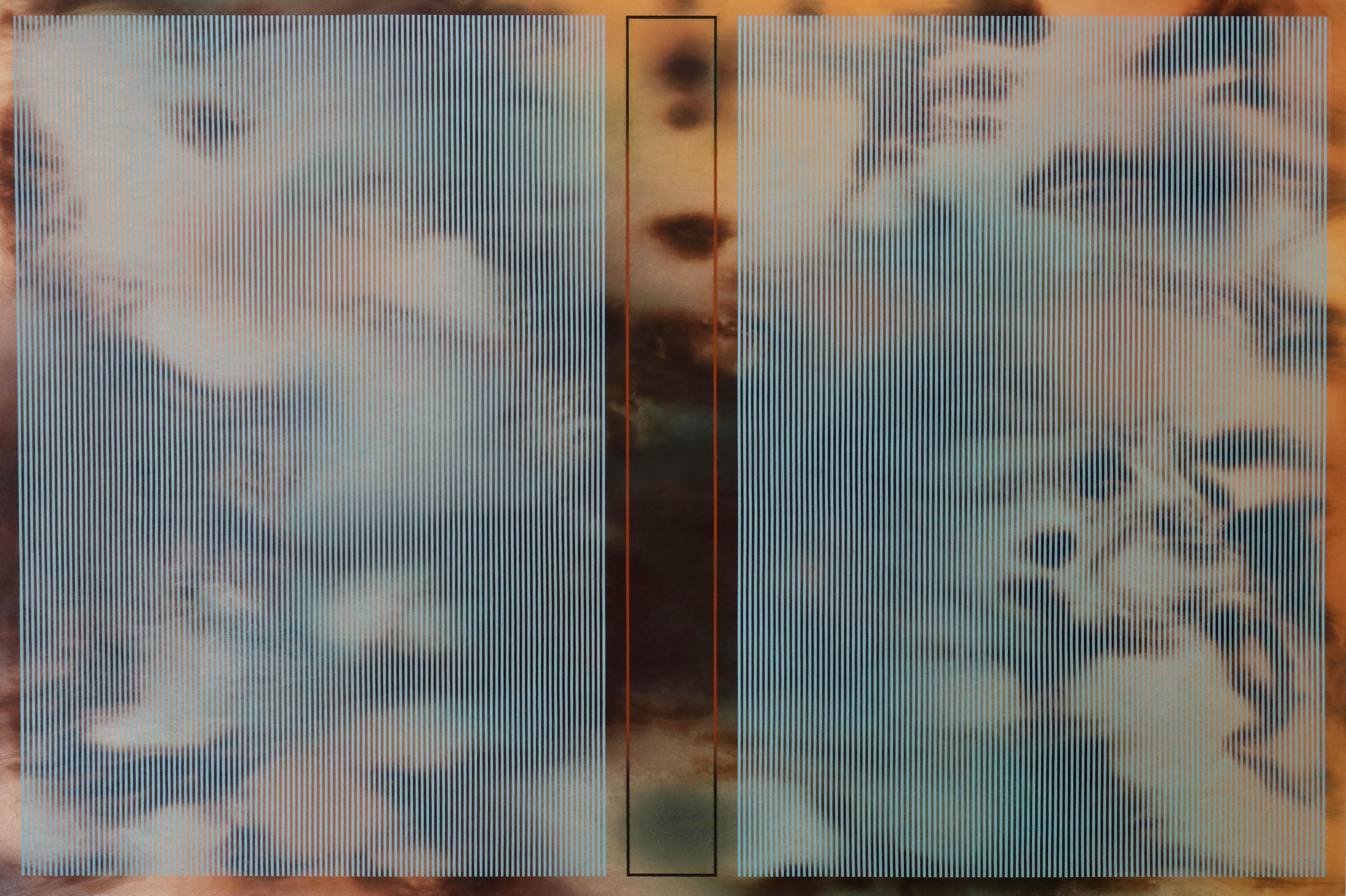 Melisa Taylor Metzger Abstract Painting - Mångata X horizontal (sky blue grid wood patterns Brown yellow nature)