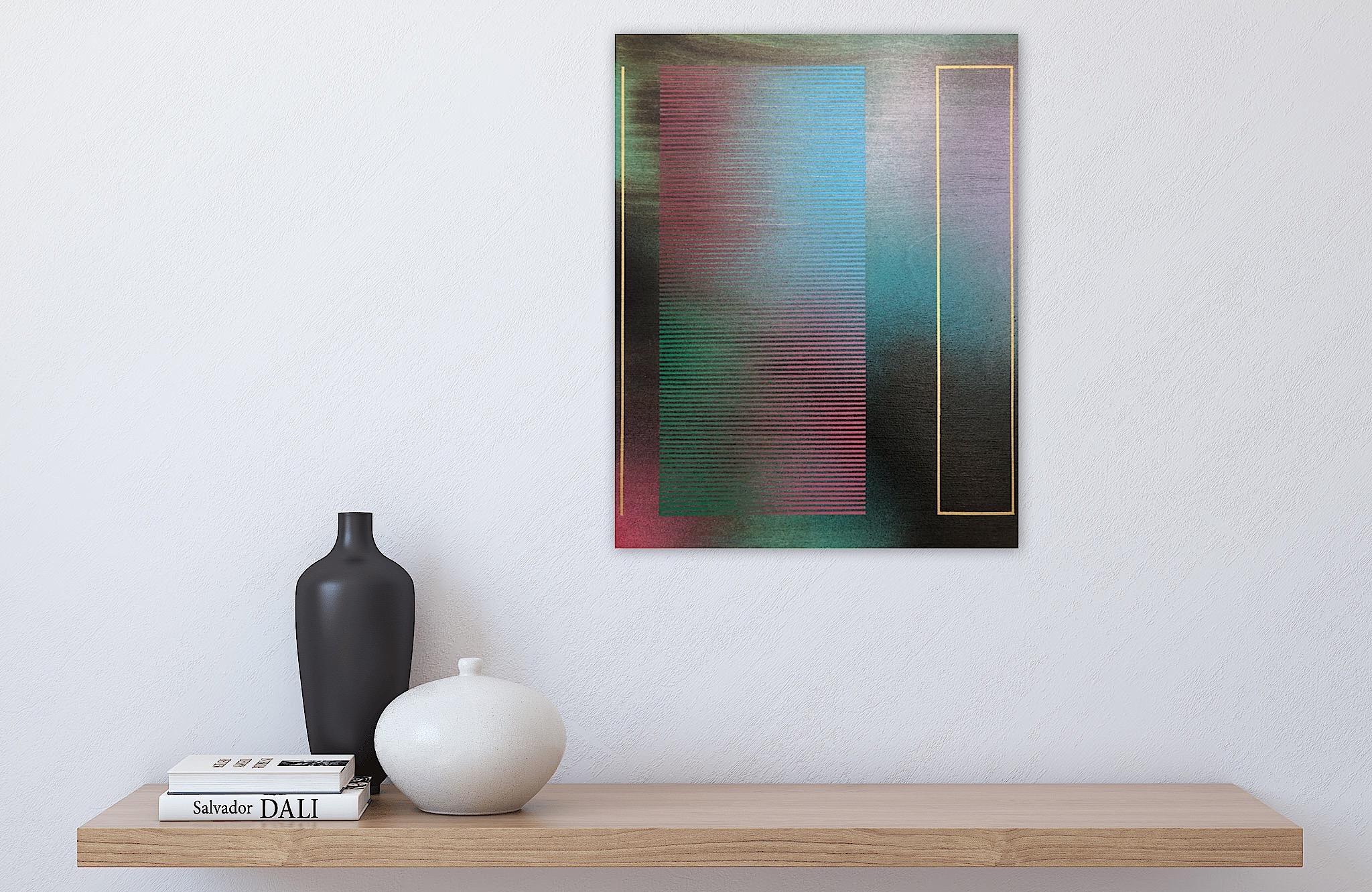Mangata XXI (small scale grid spray painting abstract wood green pink op art) For Sale 4