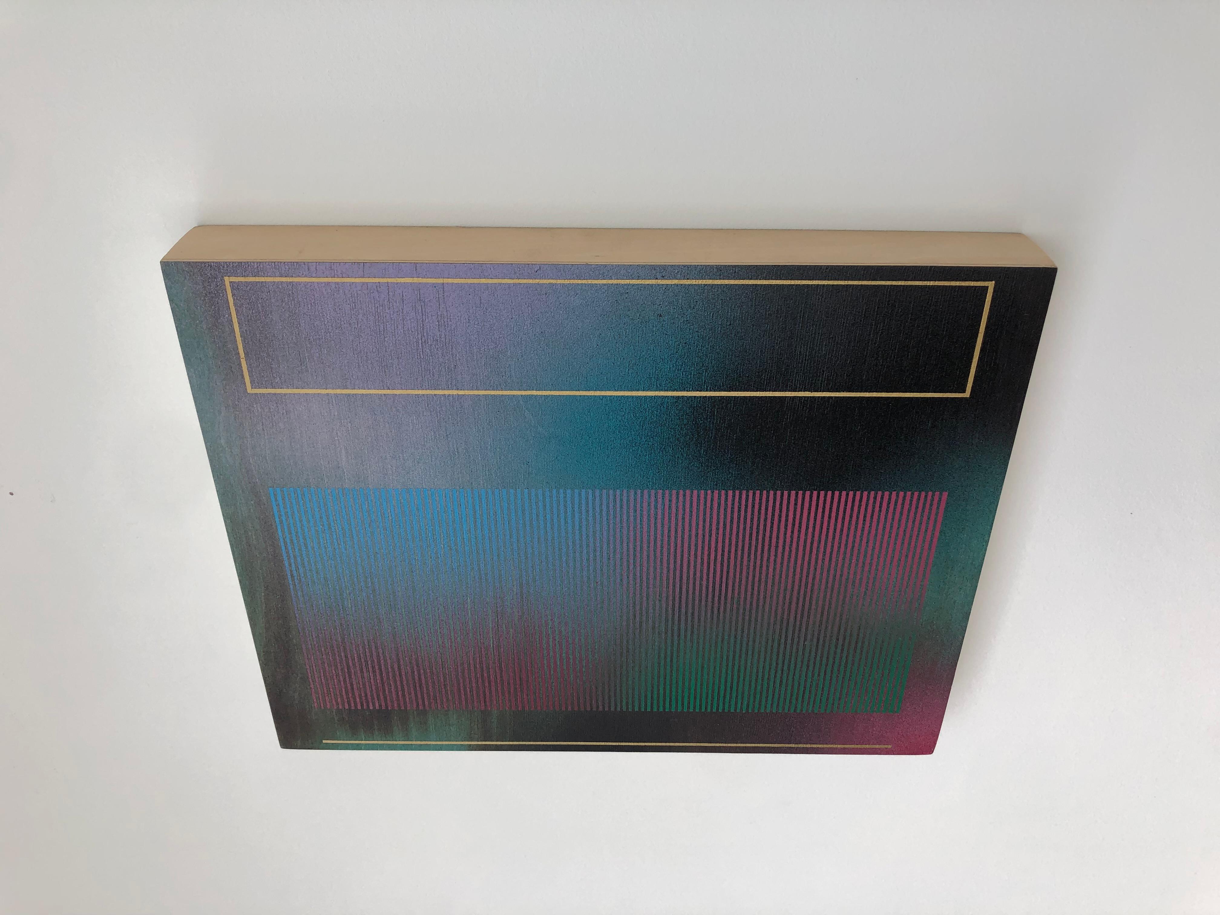 Mangata XXI (small scale grid spray painting abstract wood green pink op art) For Sale 6