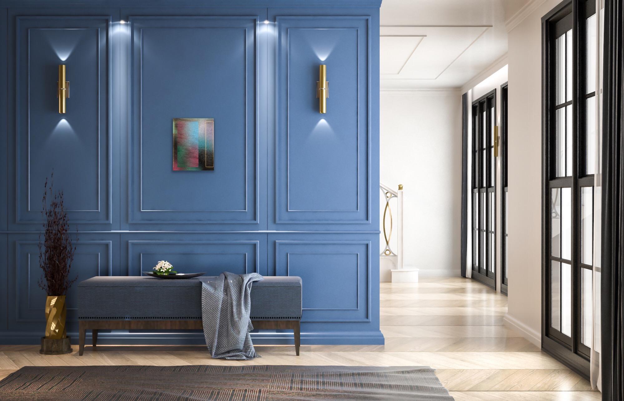 Mangata XXI (small scale grid spray painting abstract wood green pink op art) - Painting by Melisa Taylor Metzger