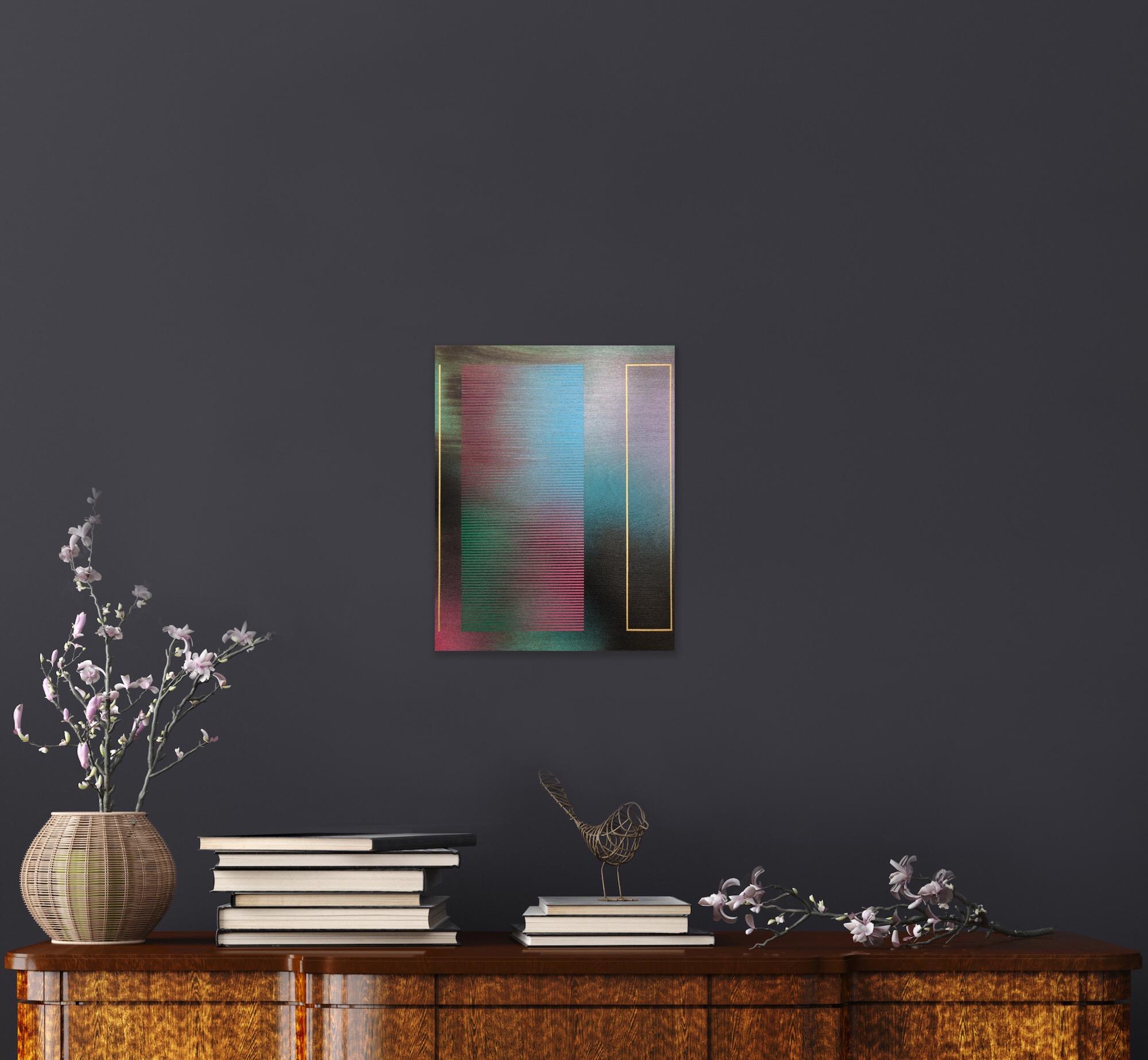 Mangata XXI (kleines Gitter-Sprühgemälde abstraktes Holzgrün-rosa Op-Art) (Minimalistisch), Painting, von Melisa Taylor Metzger