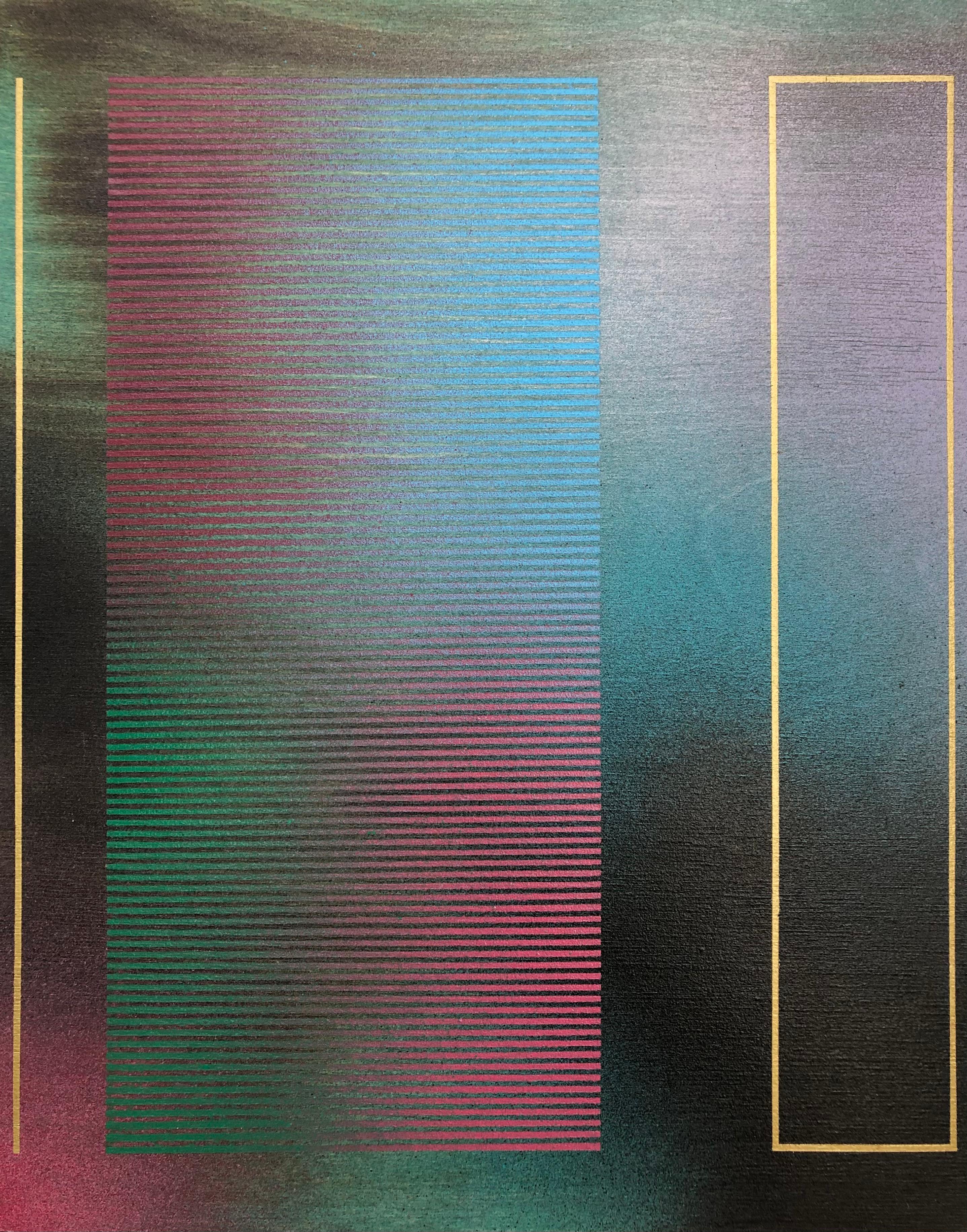 Mangata XXI (small scale grid spray painting abstract wood green pink op art)