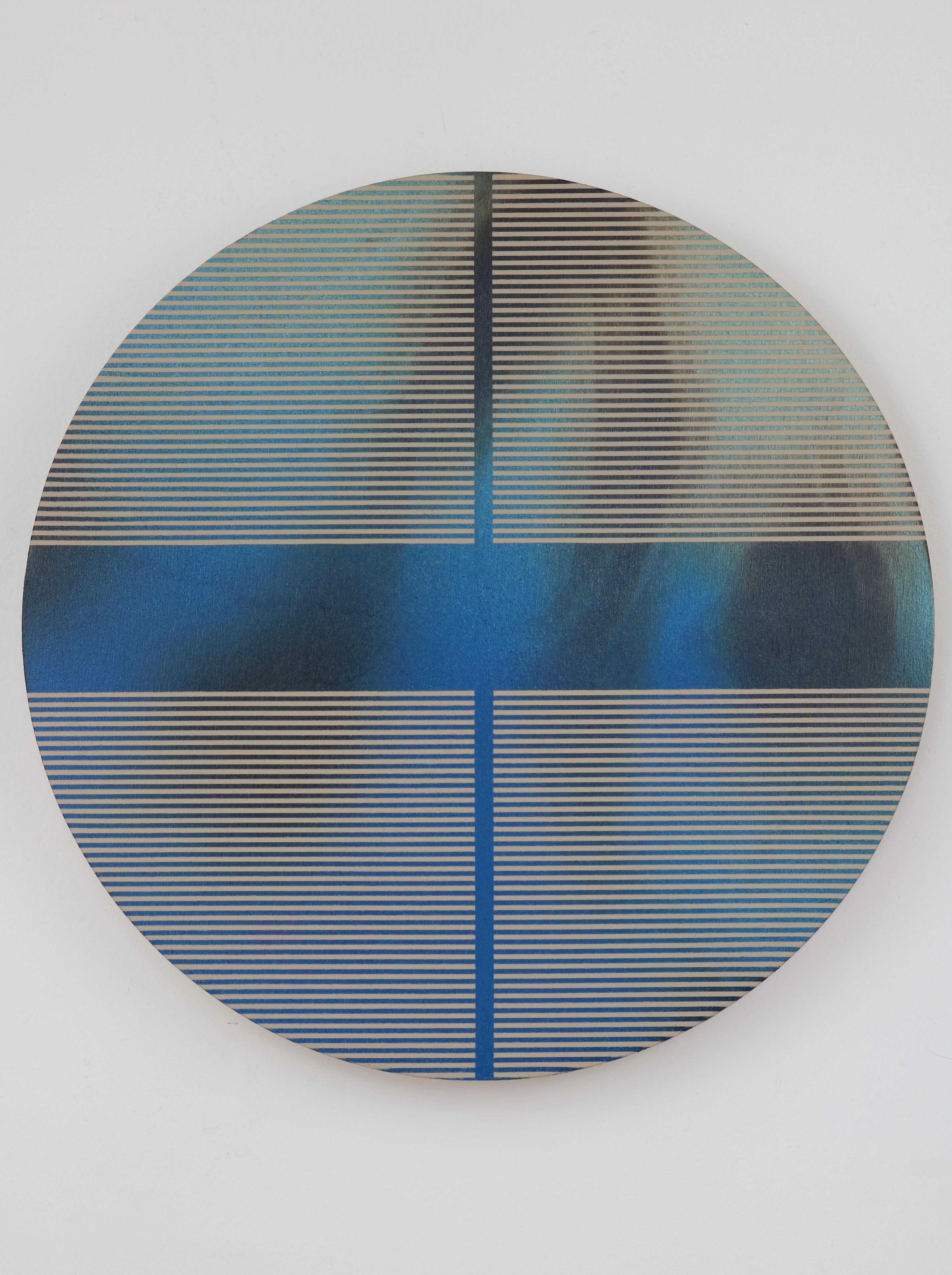 Melisa Taylor Metzger Abstract Painting – Méditerranean sea blue pill (Minimalistisches Raster Rundgemälde auf Holz Dopamin)