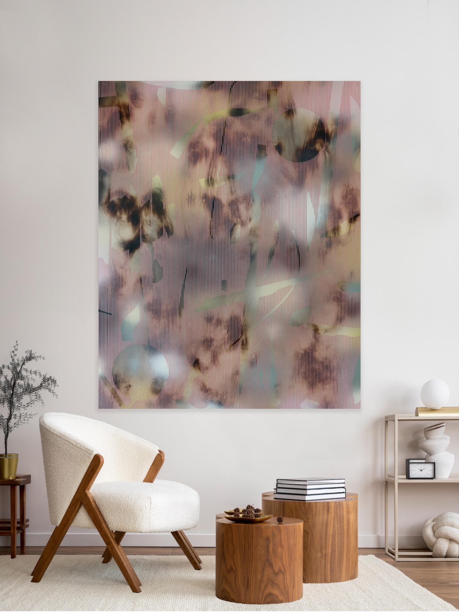 MH I (viejo rosa oro gris cuadrícula pintura abstracta madera neutros arte óptico) - Painting de Melisa Taylor Metzger