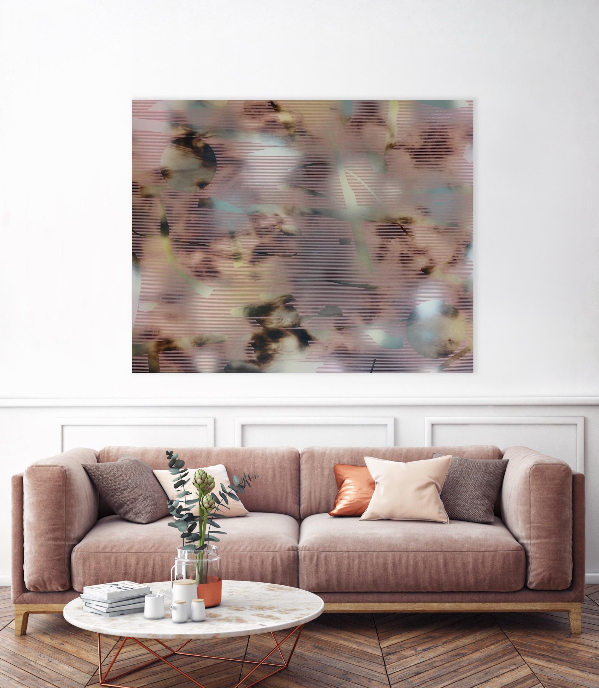MH I (viejo rosa oro gris cuadrícula pintura abstracta madera neutros arte óptico) - Abstract Painting Gris de Melisa Taylor Metzger