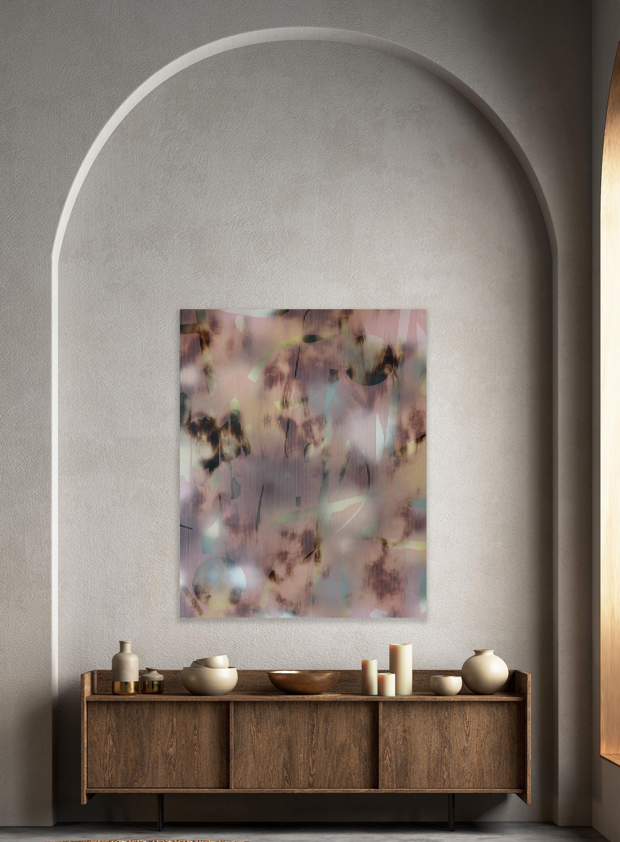 MH I (viejo rosa oro gris cuadrícula pintura abstracta madera neutros arte óptico) en venta 1