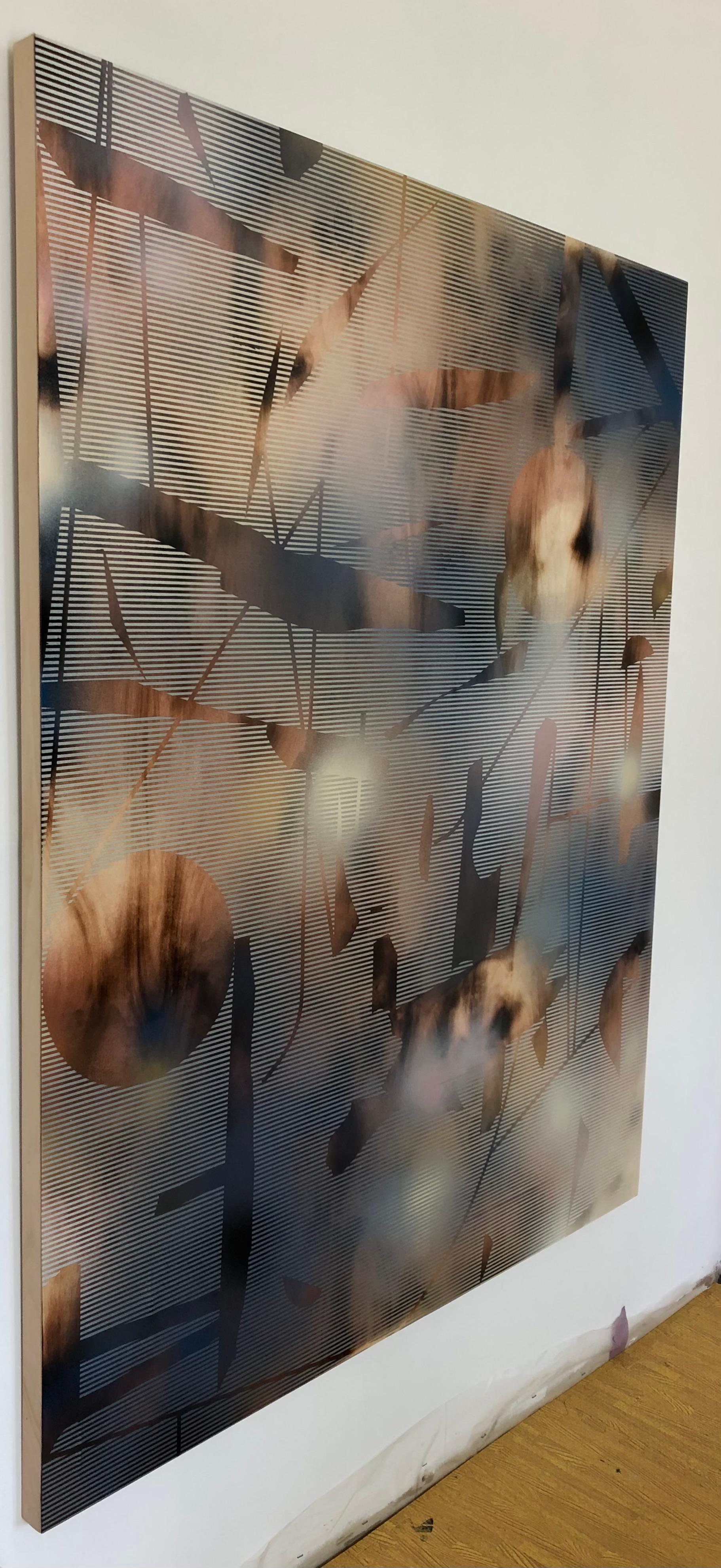 MH II (grigio oro marrone griglia ottica pittura astratta legno motivi neutri) - Painting di Melisa Taylor Metzger