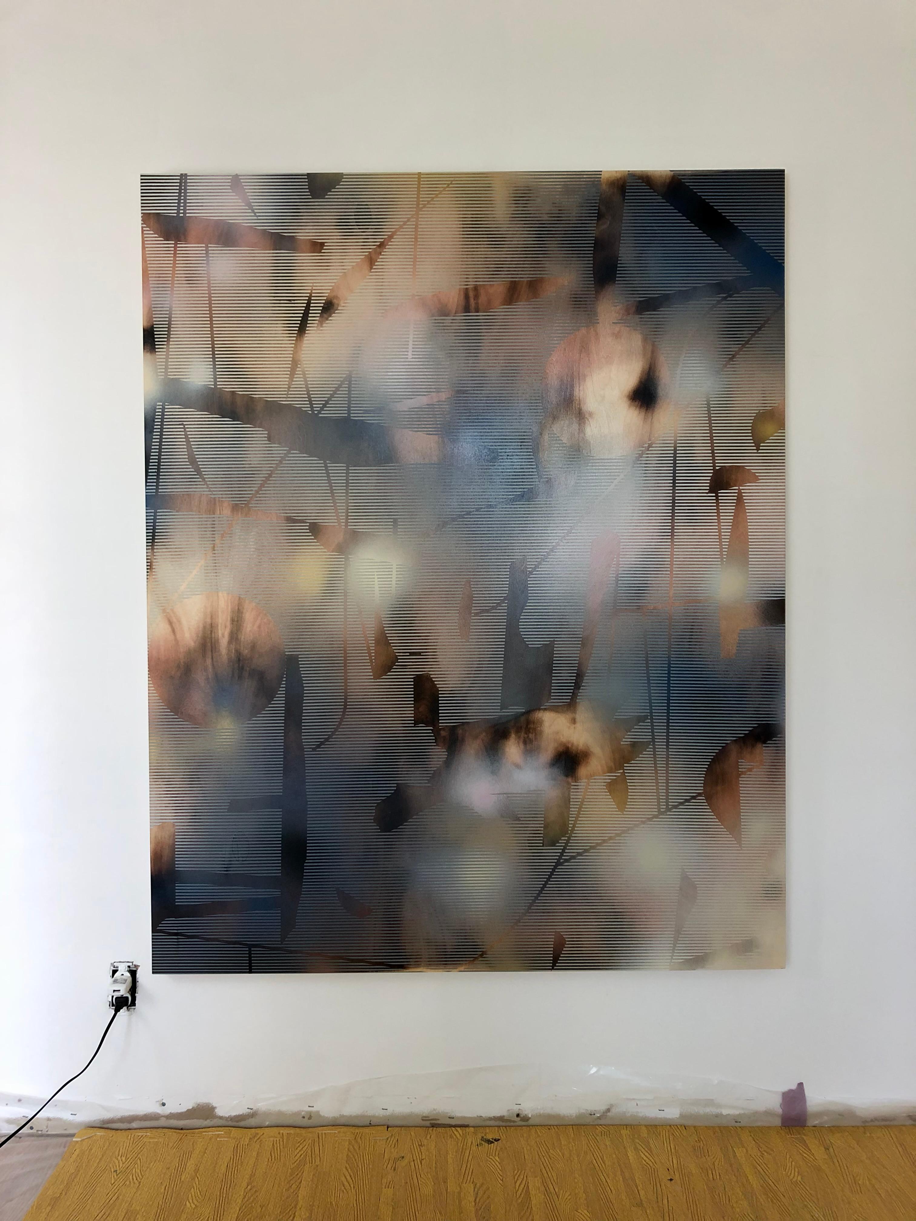 MH II (grigio oro marrone griglia ottica pittura astratta legno motivi neutri) - Abstract Painting Grigio di Melisa Taylor Metzger
