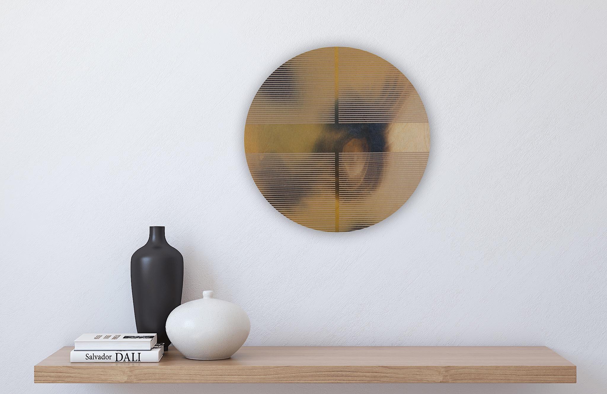 Mustard yellow pill (minimaliste grid round painting on wood dopamine art) - Abstract Geometric Painting by Melisa Taylor Metzger