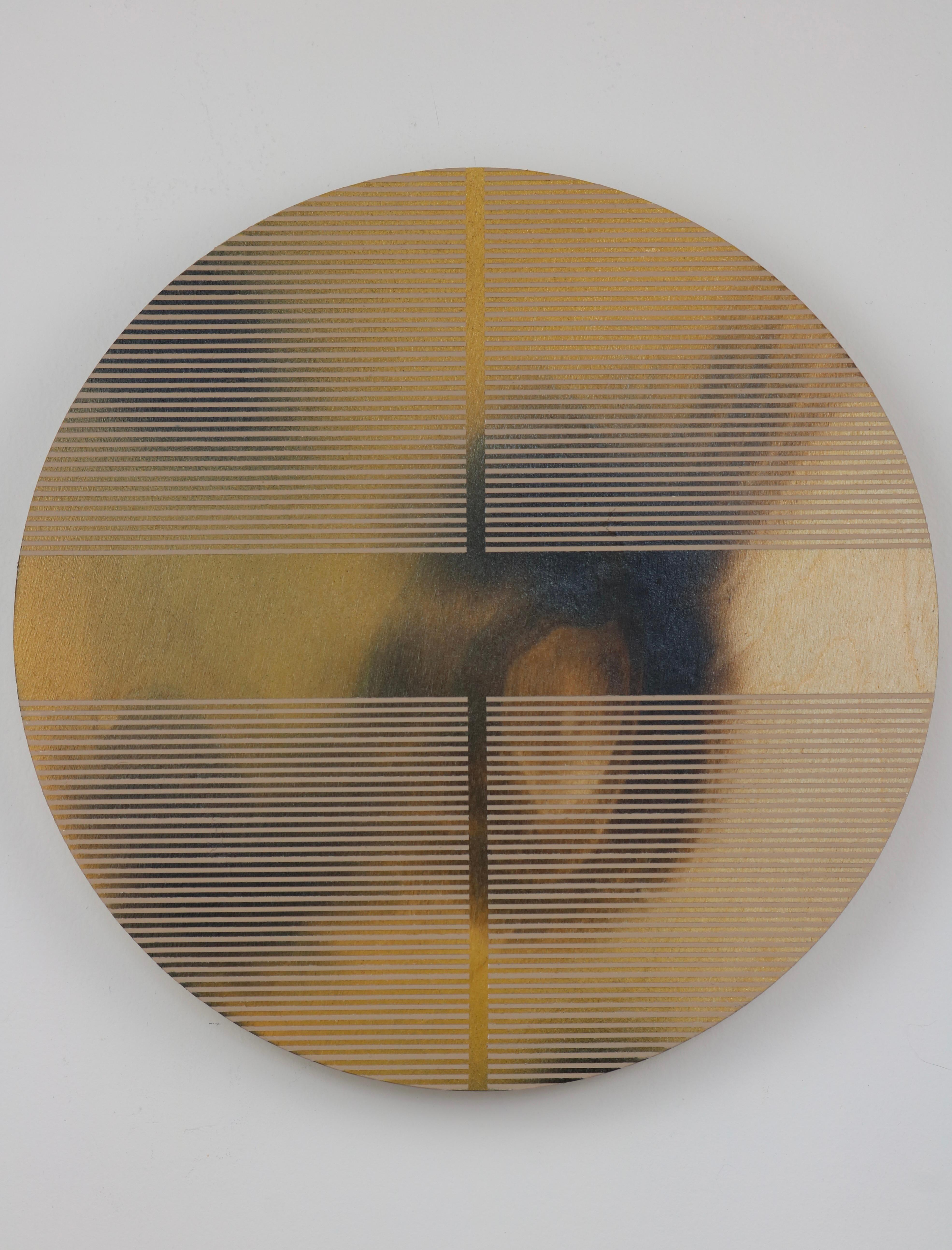 Melisa Taylor Metzger Abstract Painting – Mustard Gelbe Pille (minimalistisches rundes Gemälde auf Holz dopamine Kunst)