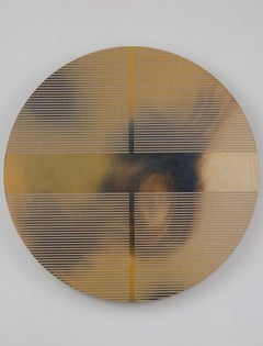 Mustard yellow pill (minimaliste grid round painting on wood dopamine art)