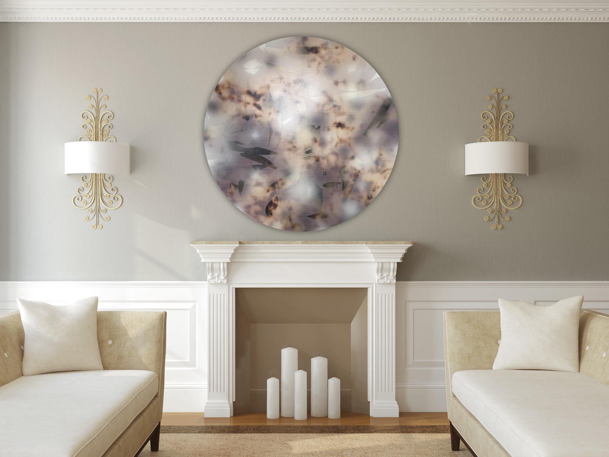 Nacre, plea and entice 3 (quadro circolare a griglia astratto in legno neutro) 3