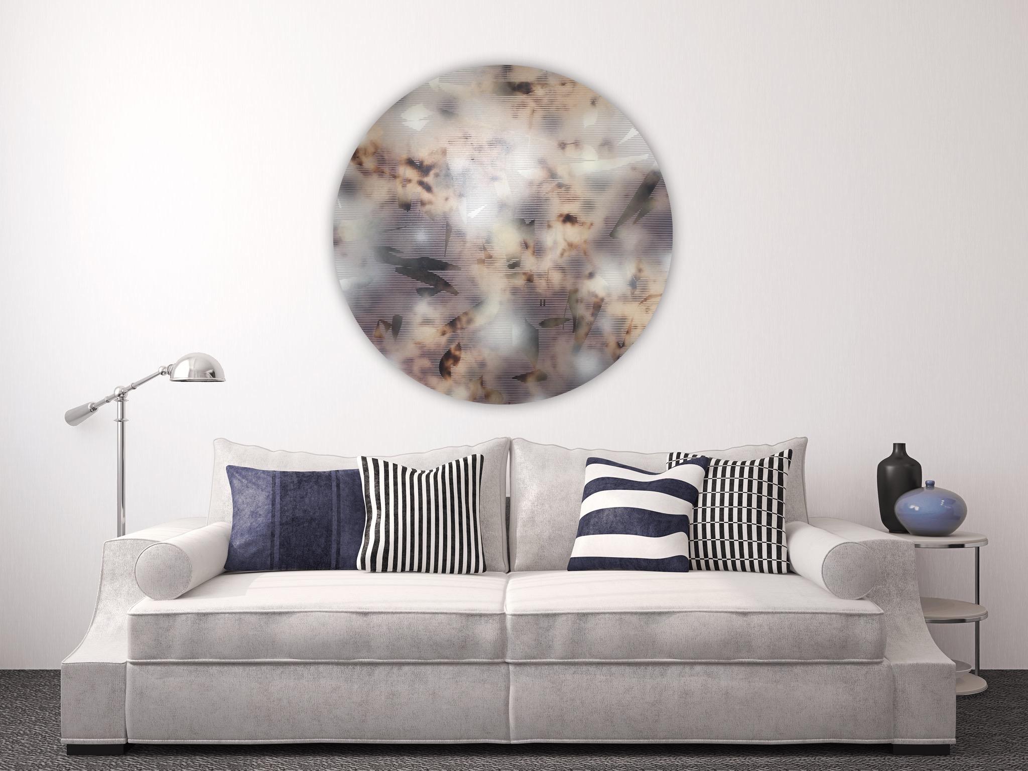 Nacre, plea and entice 3 (quadro circolare a griglia astratto in legno neutro) in vendita 4