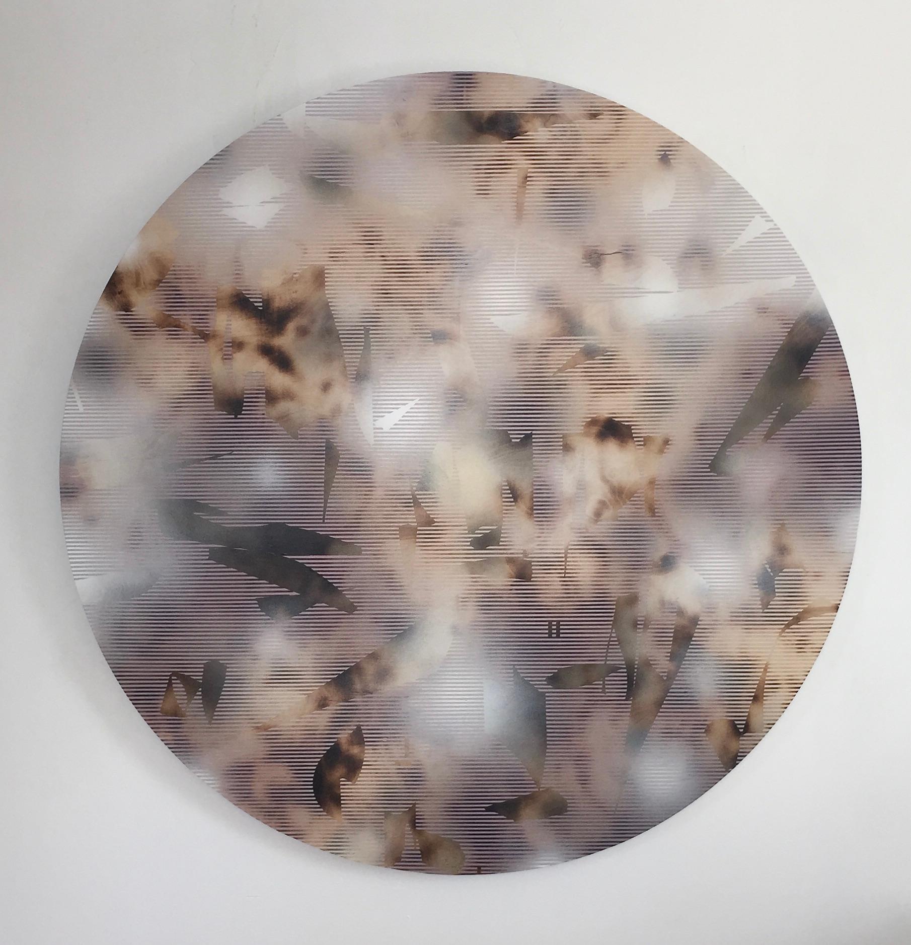 Melisa Taylor Metzger Abstract Painting - Nacre, plea and entice 3 (round circular grid painting abstract wood neutrals)