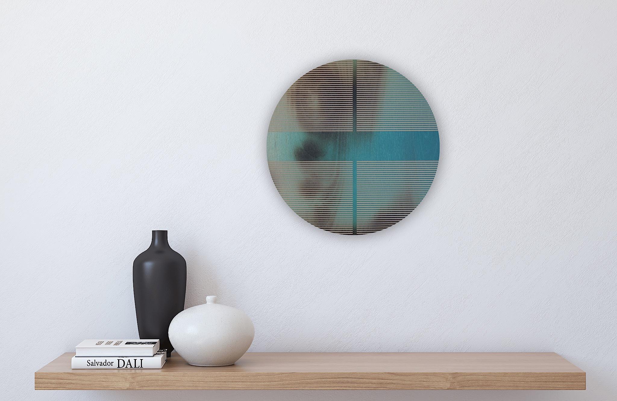 Pacific ocean blue pill (minimaliste grid round painting on wood dopamine art) For Sale 2