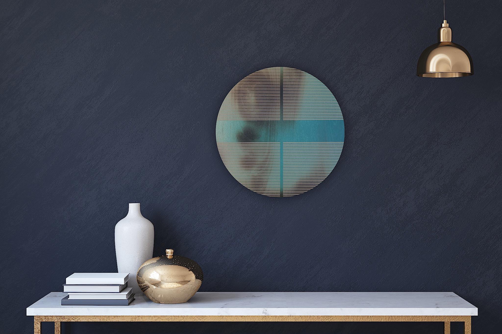 Pillola blu dell'oceano Pacifico (quadro rotondo minimalista su legno, arte della dopamina) in vendita 1