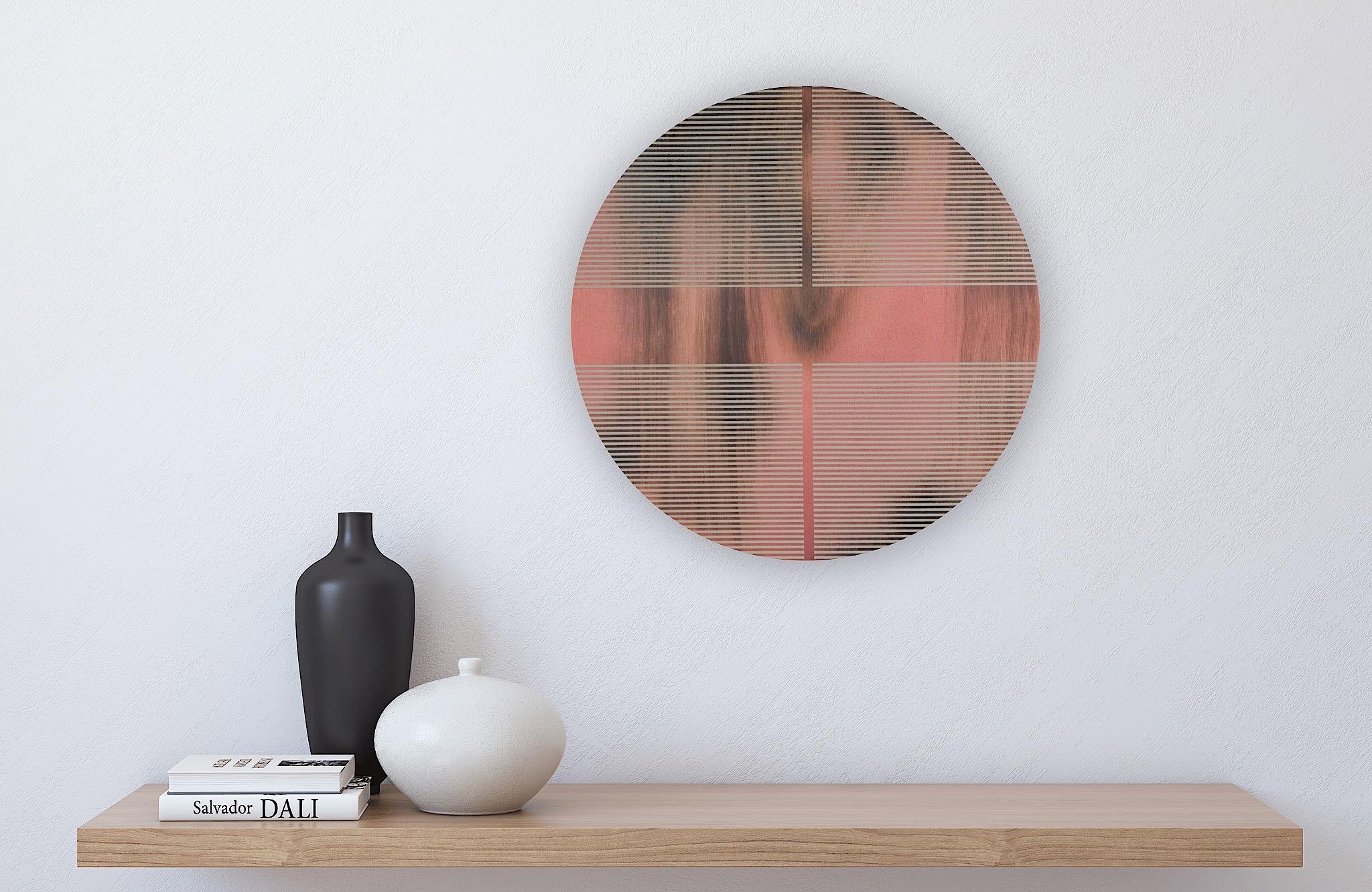 Peach fuzz pink (minimaliste grid round painting on wood dopamine color) For Sale 1