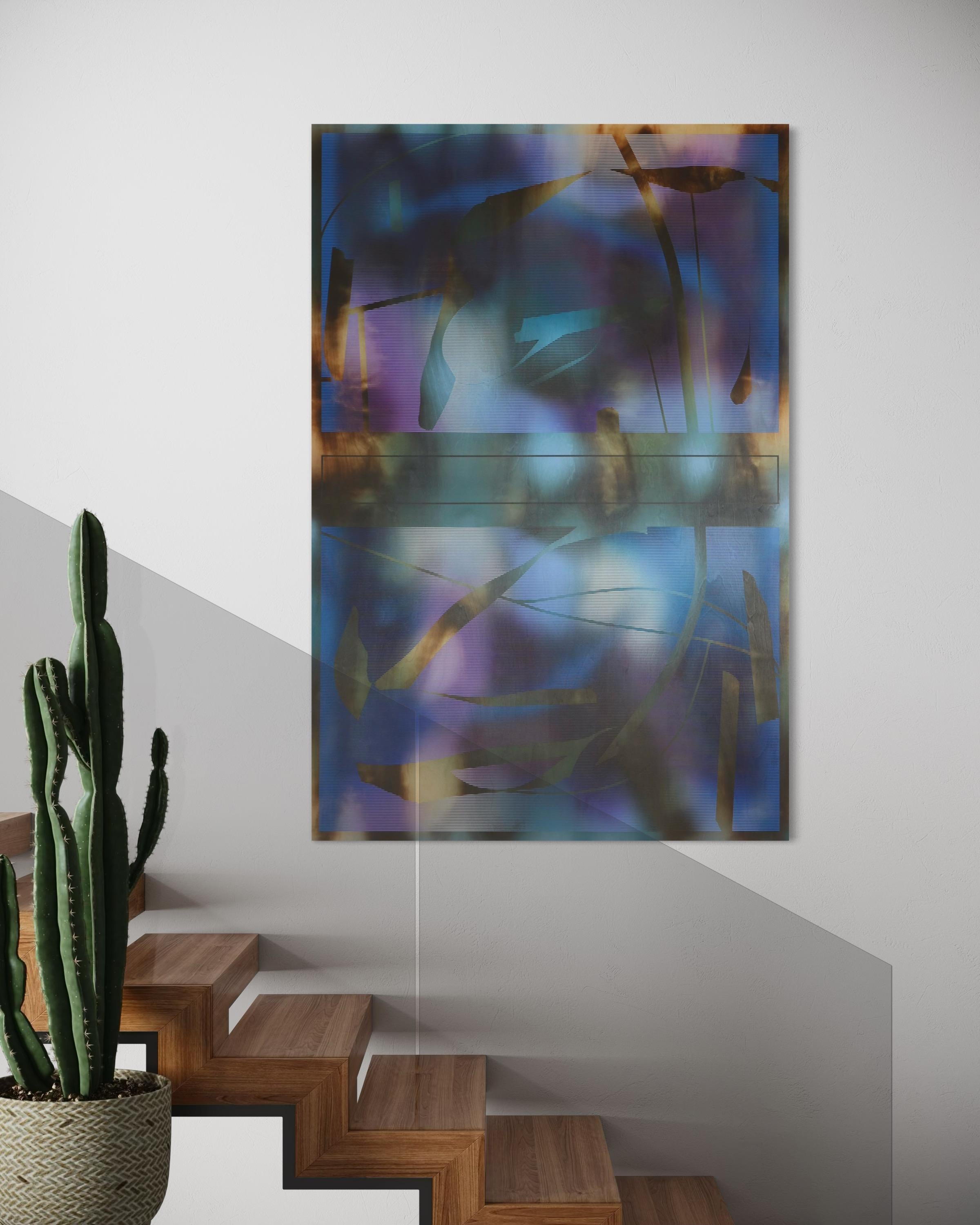 Plaines & Mines, d'Ombre 2025.1 es una vibrante e intrincada pintura sobre madera creada mediante el uso de plantillas, aerografía y pirograbado. Una cuadrícula pintada a mano en tonos vivos de azul eléctrico, morado oscuro y marrón cálido se