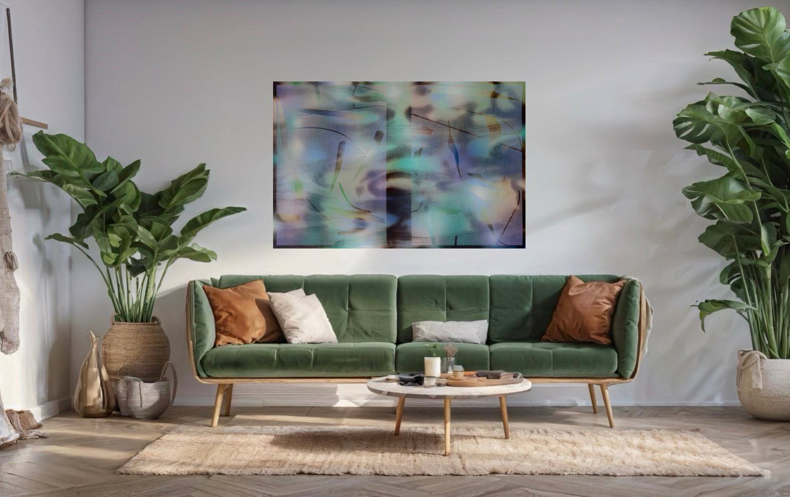 Plaines & Mines, d’Ombre 2025.2 by Melisa Taylor Metzger envelops the viewer in a delicate tension between structure and atmosphere. Diaphanous layers of cool greens and blues, lilac, and earth tones drift across the surface, interacting with a