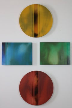 Quadriptych totem (minimalism shapes grid round painting on wood art grouping)