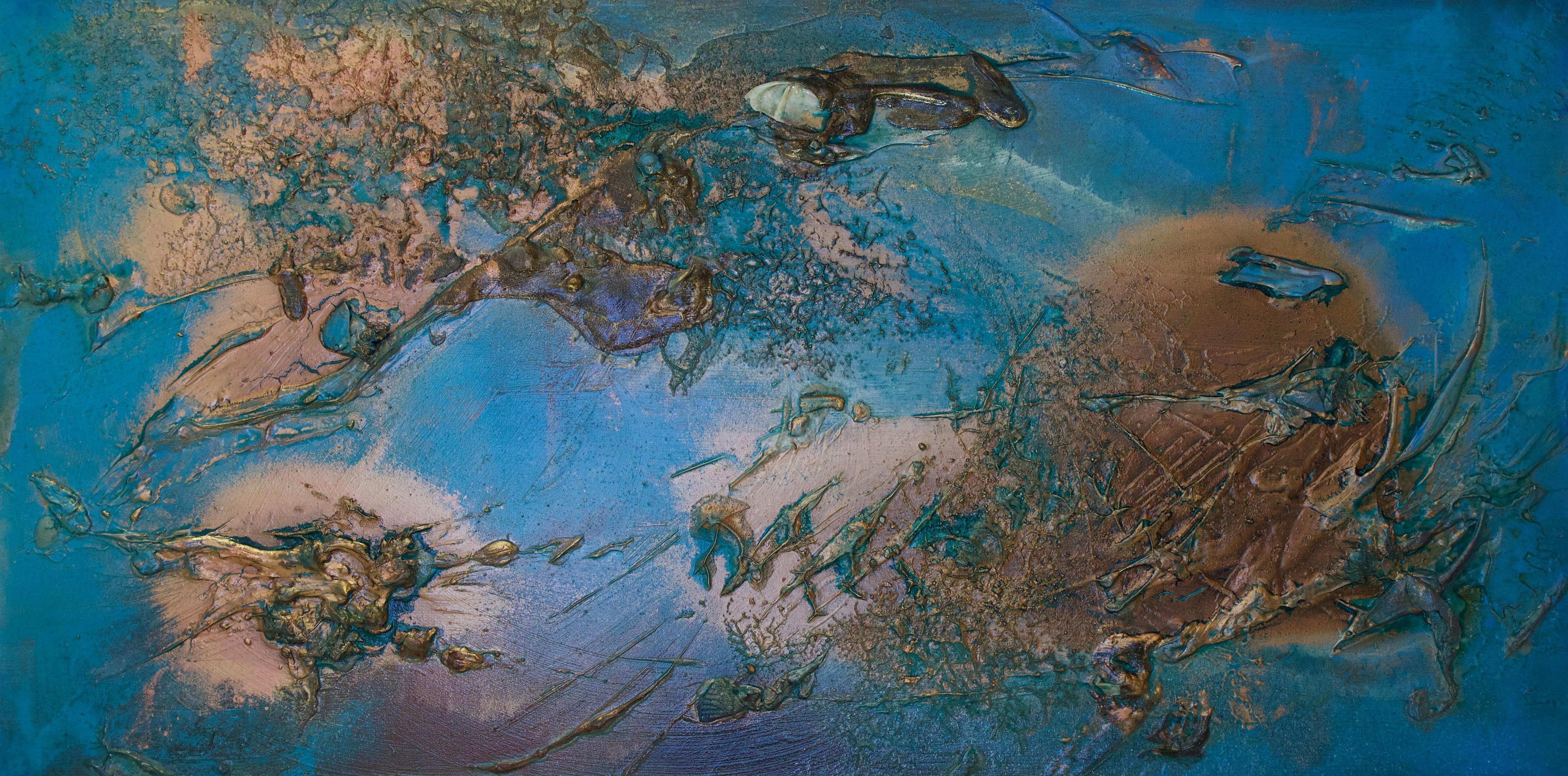 Melisa Taylor Metzger Abstract Painting - Rift Valley, Sonde 3 (cerulean blue organic copper coastal abstract texture)