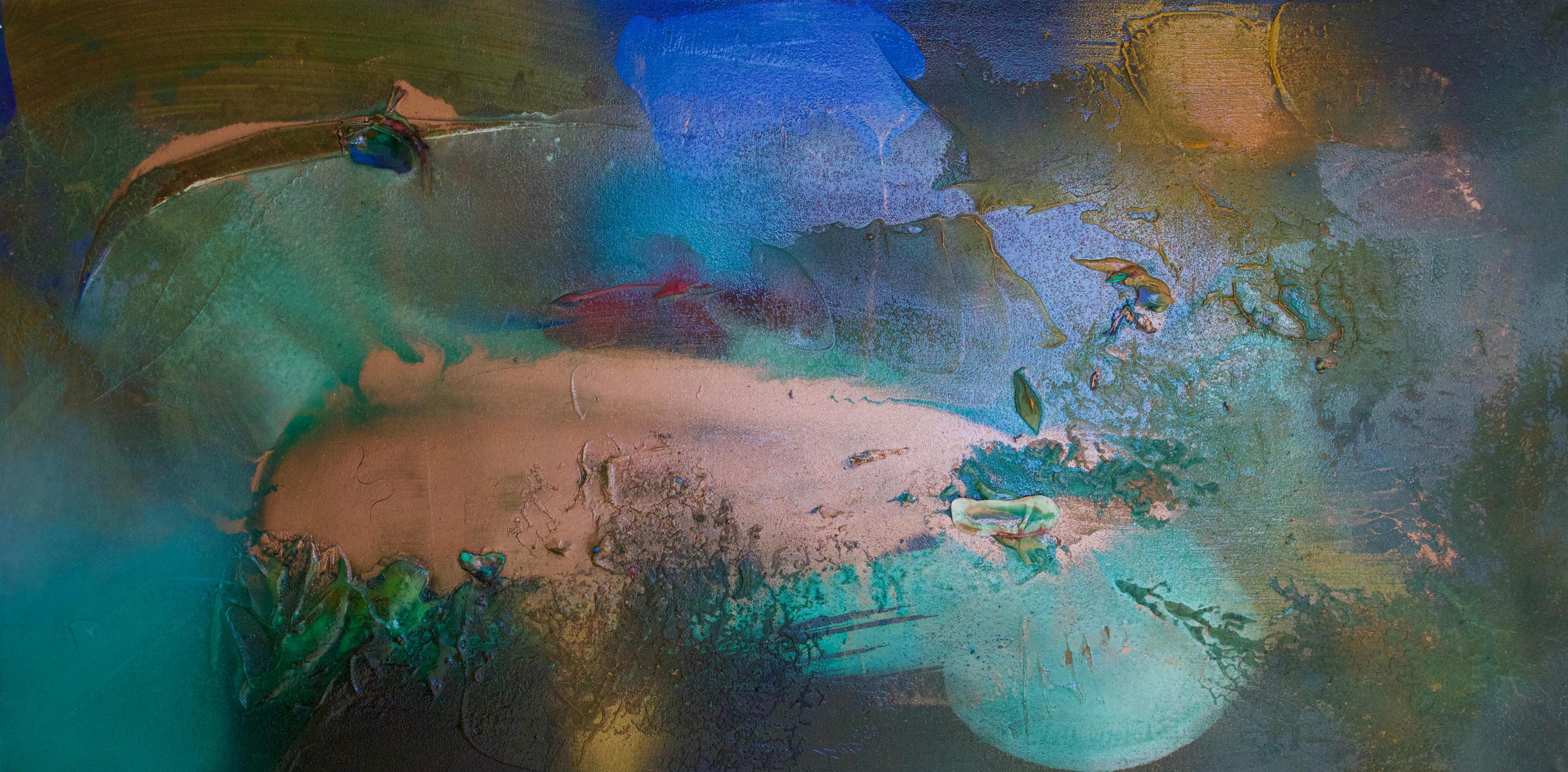 Rift Valley, Sonde 6 (florablau grün hellbraun organische Kupfer abstrakte Textur taupe – Painting von Melisa Taylor Metzger