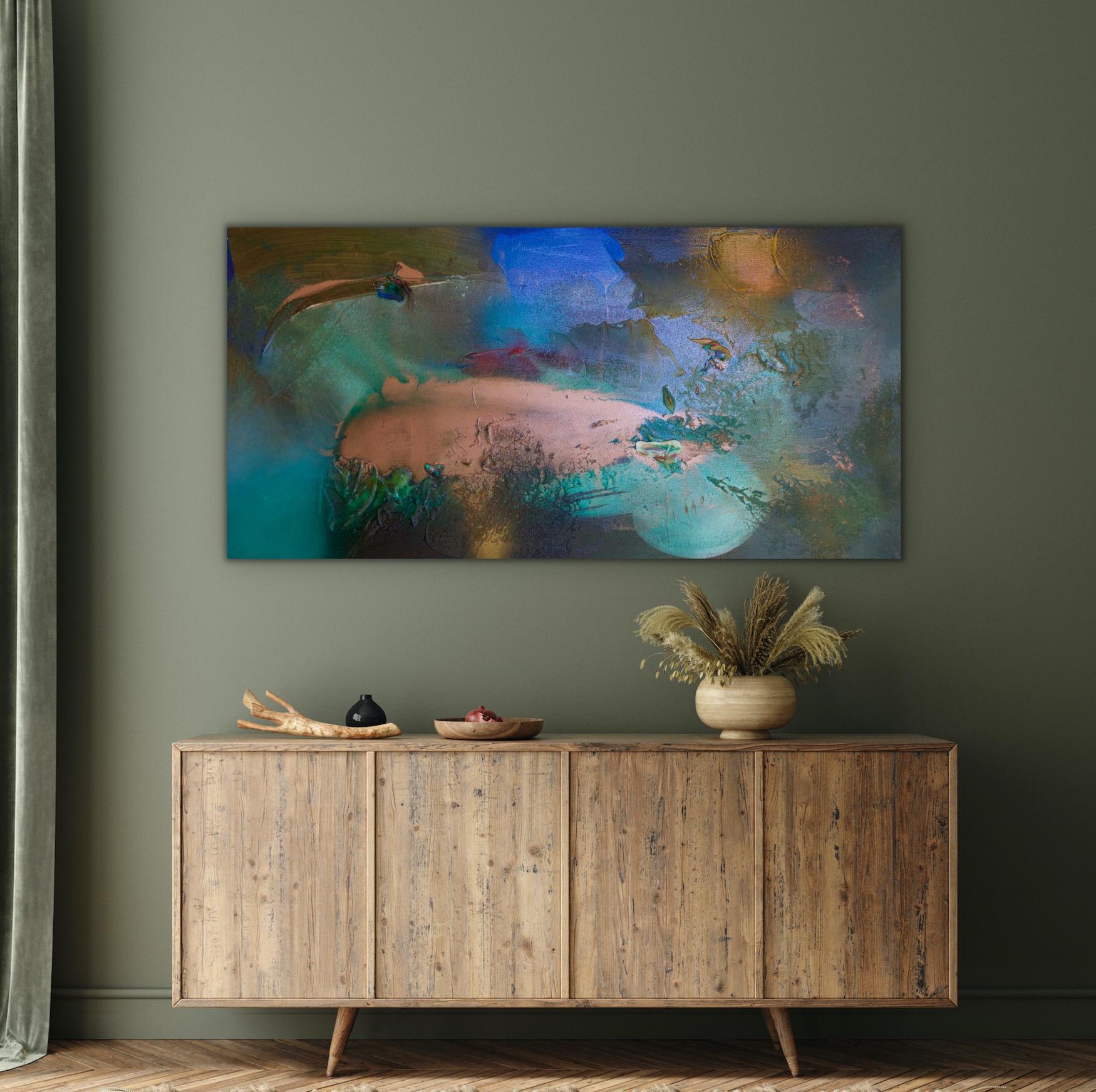 Melisa Taylor Metzger Abstract Painting - Rift Valley, Sonde 6 (flora blue green tan organic copper abstract texture taupe