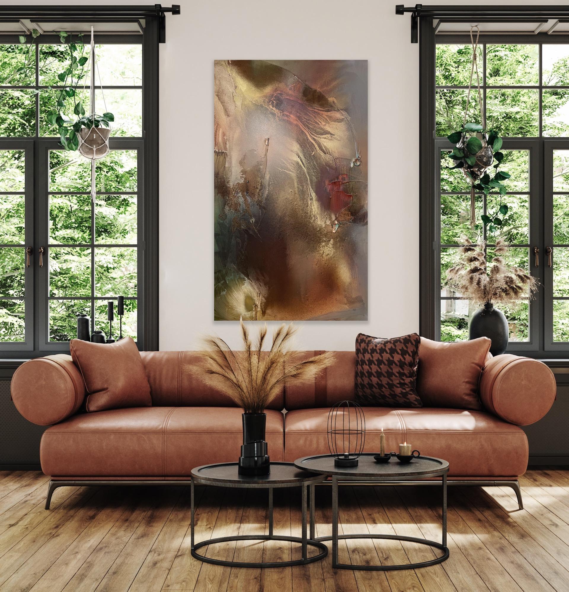 Valle del Rift, sonde 7 (textura arena lienzo abstracto oro Tierra óxido rojo verde) en venta 1