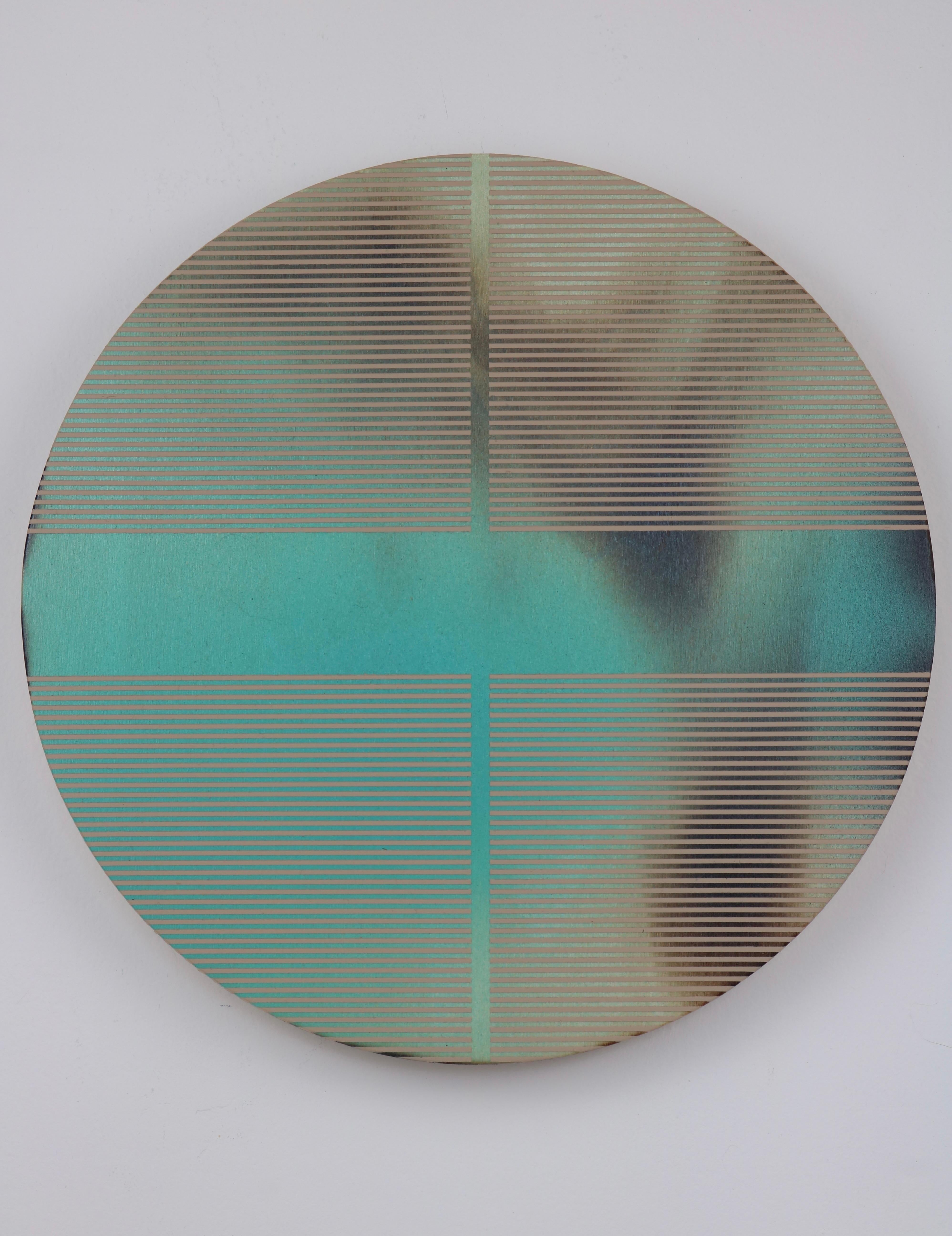 Robin Eierblaue Pille (minimalistisches rundes Gemälde auf Holz dopamine Aqua Kunst) – Mixed Media Art von Melisa Taylor Metzger