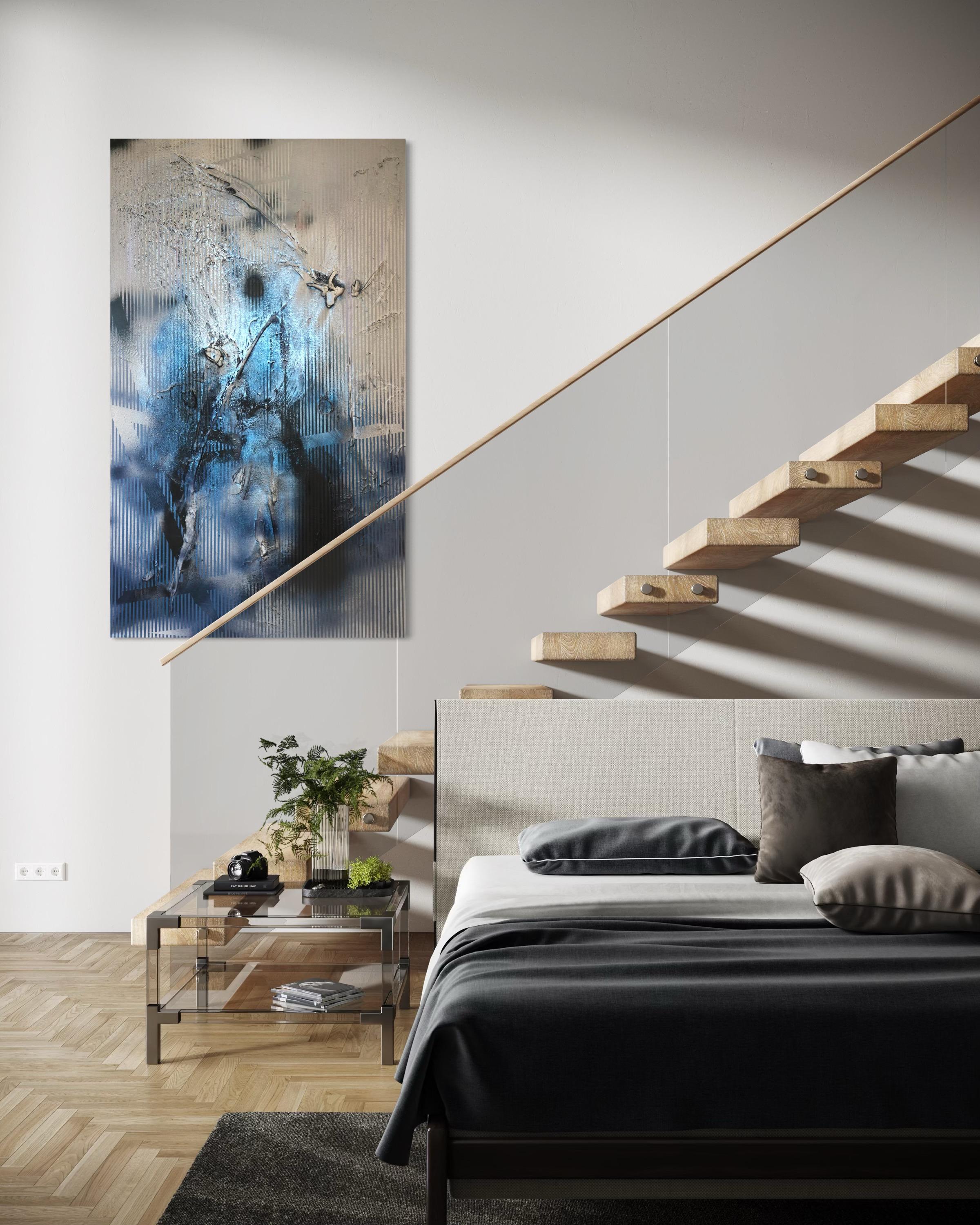 Sateen X (iridescent blue gestural abstract grid painting black grey texture) For Sale 7
