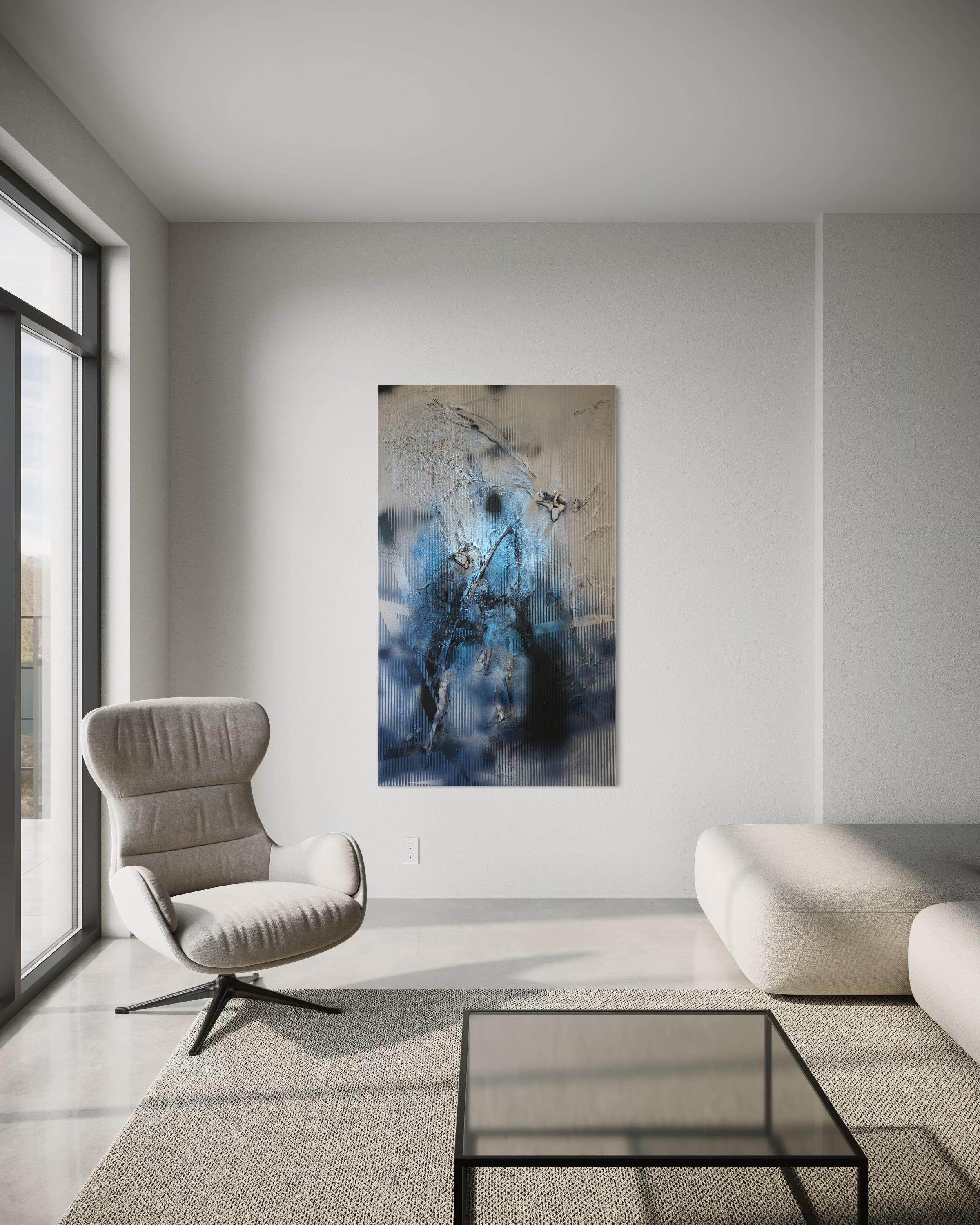 Sateen X (iridescent blue gestural abstract grid painting black grey texture) For Sale 8