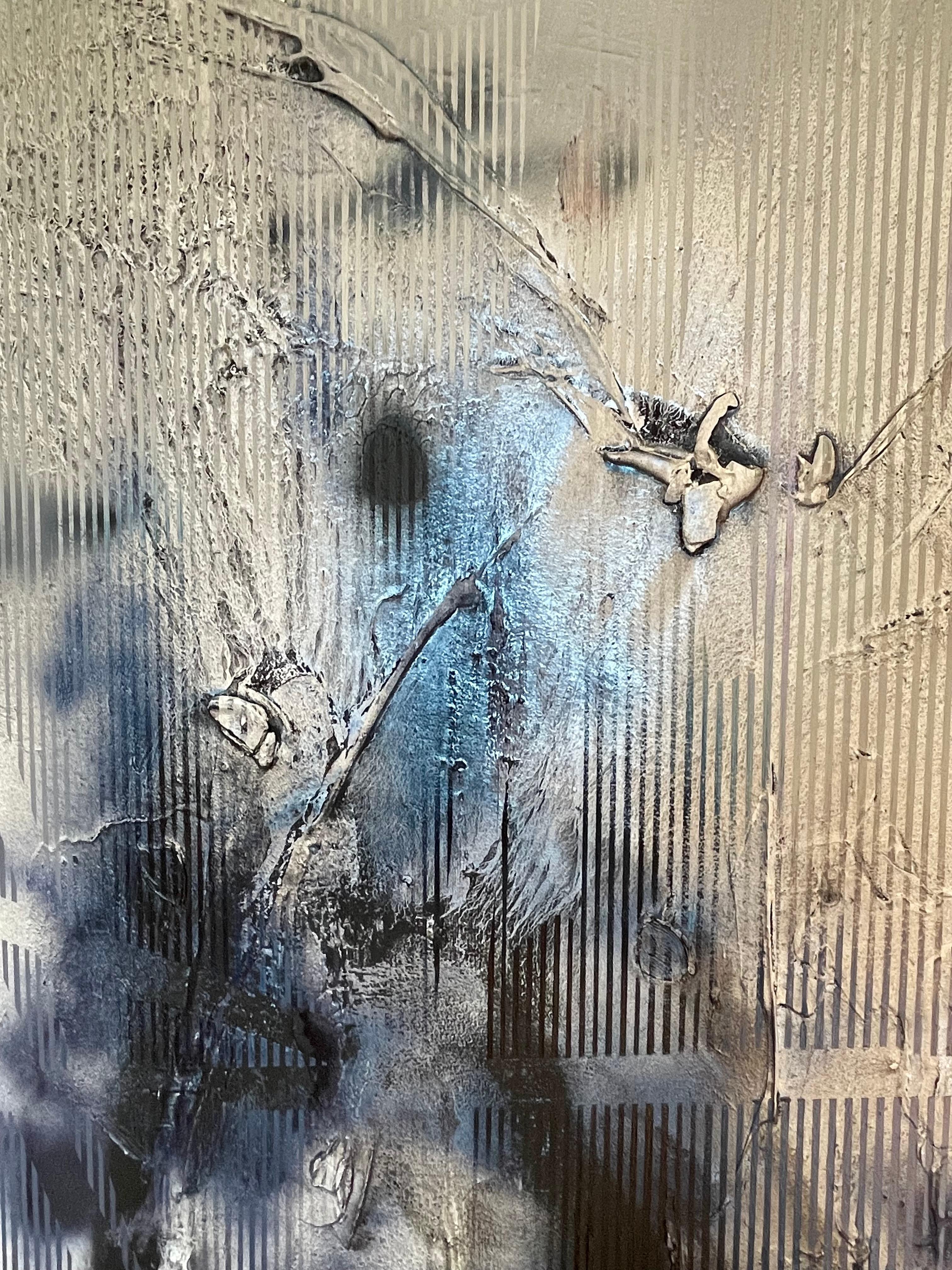 Sateen X (iridescent blue gestural abstract grid painting black grey texture) For Sale 9