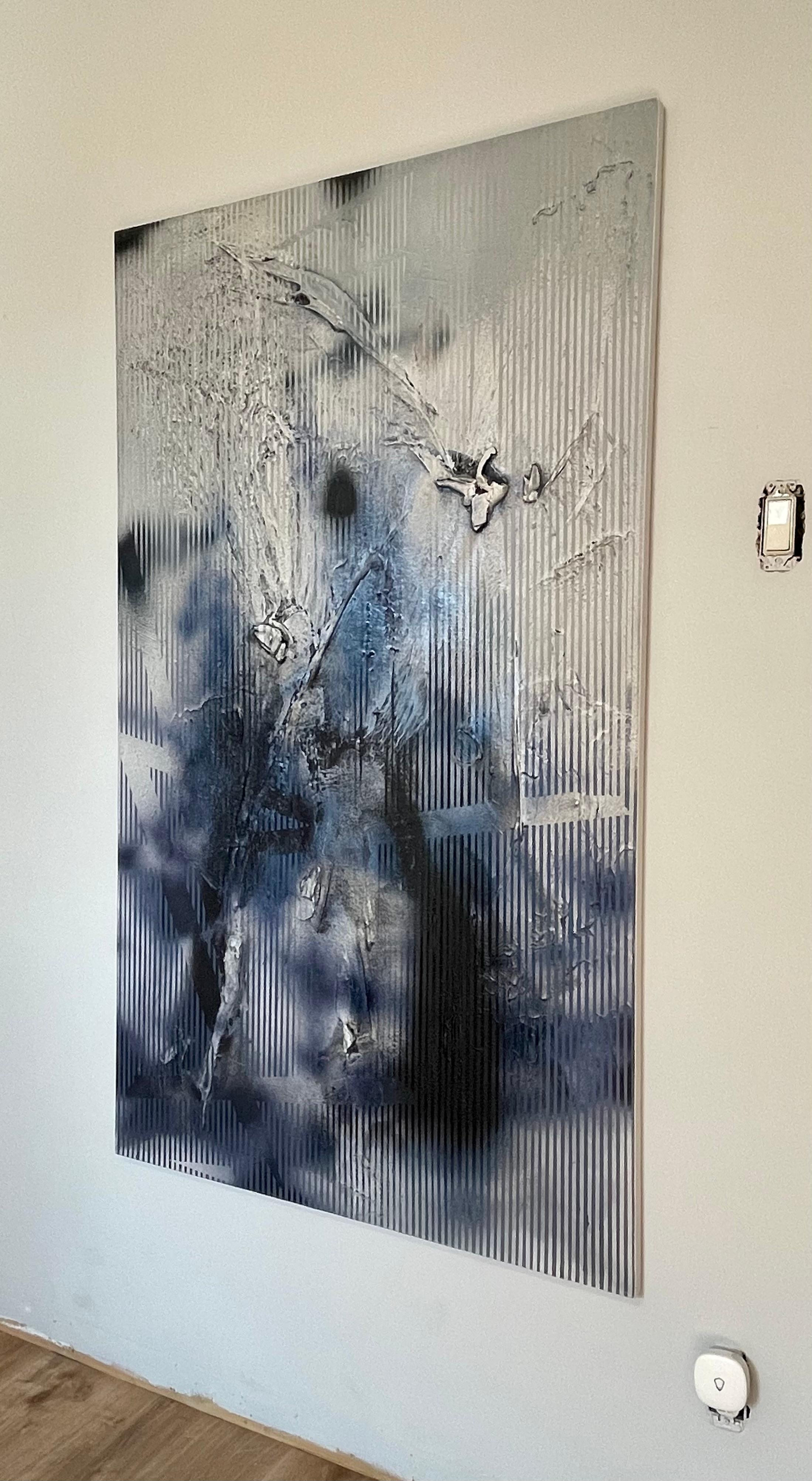 Sateen X (iridescent blue gestural abstract grid painting black grey texture) For Sale 10
