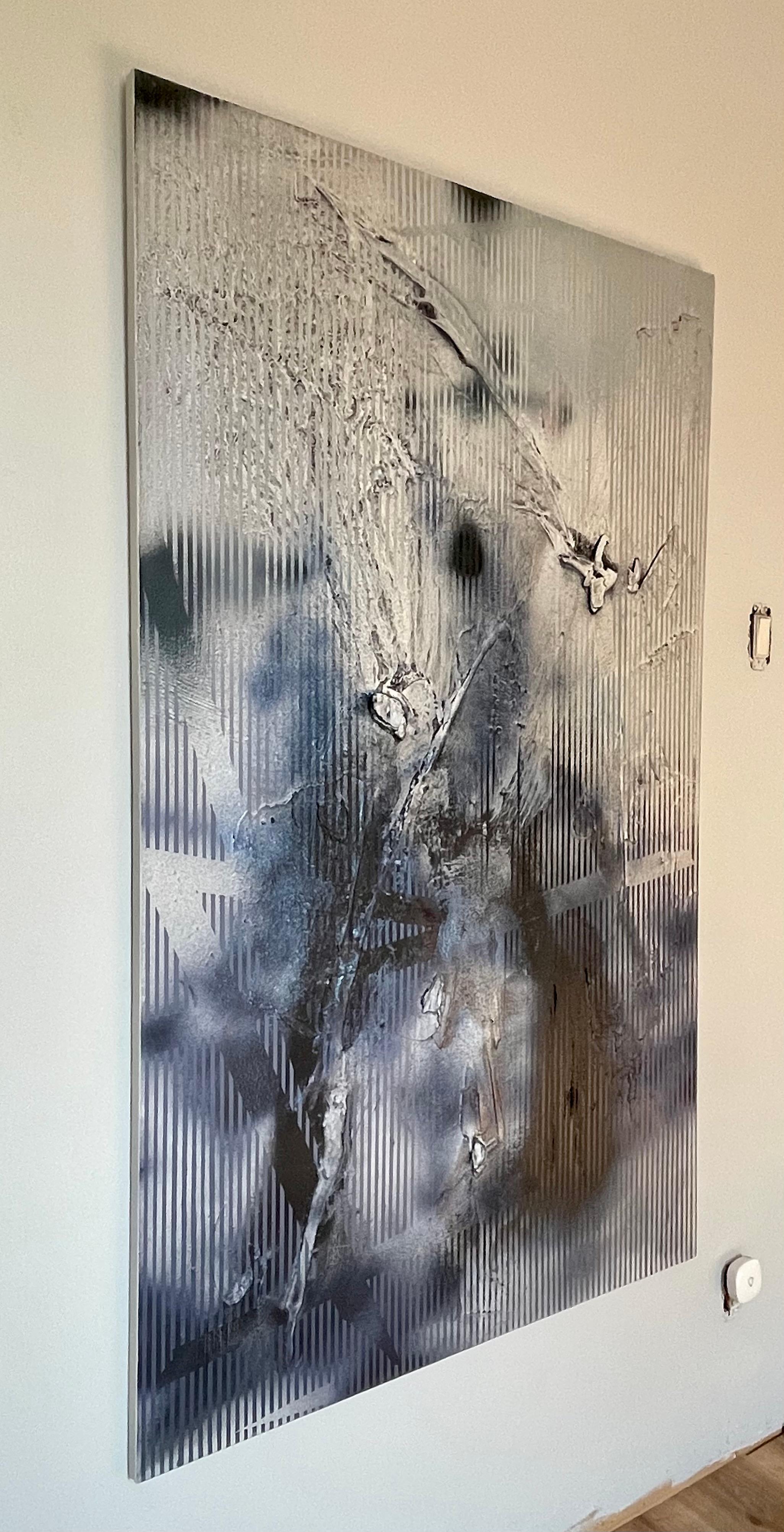 Sateen X (iridescent blue gestural abstract grid painting black grey texture) For Sale 11