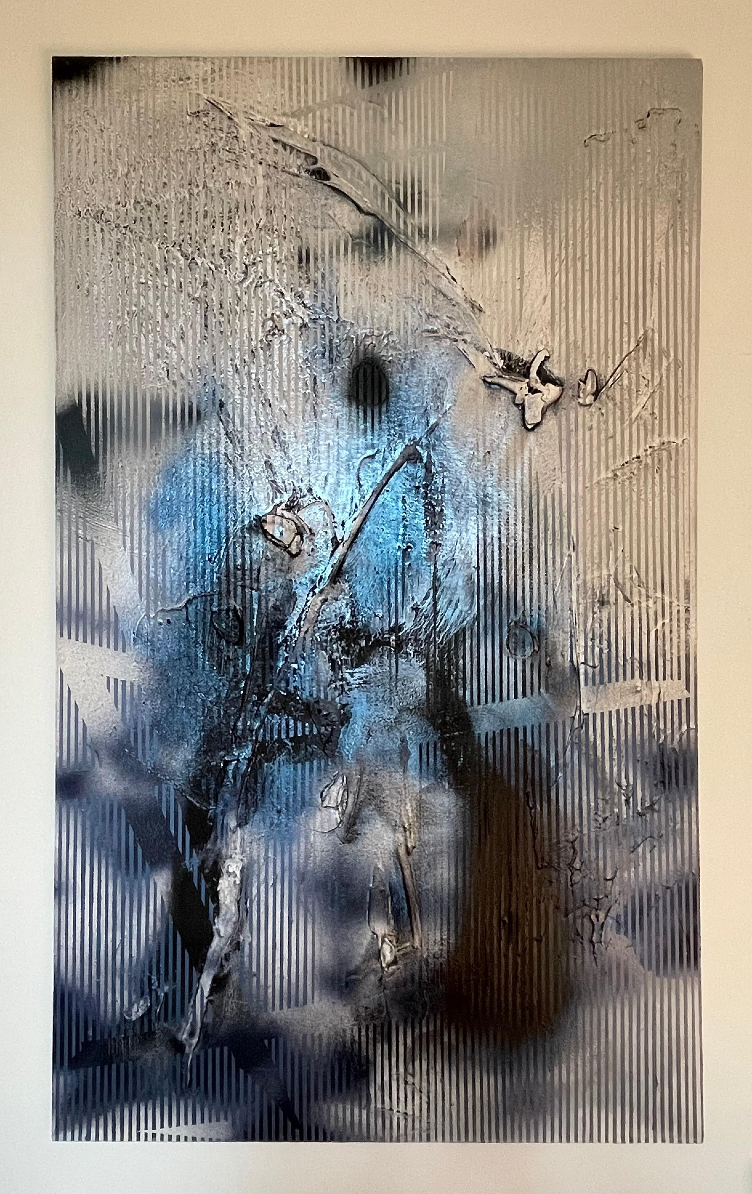Sateen X (iridescent blue gestural abstract grid painting black grey texture) For Sale 12