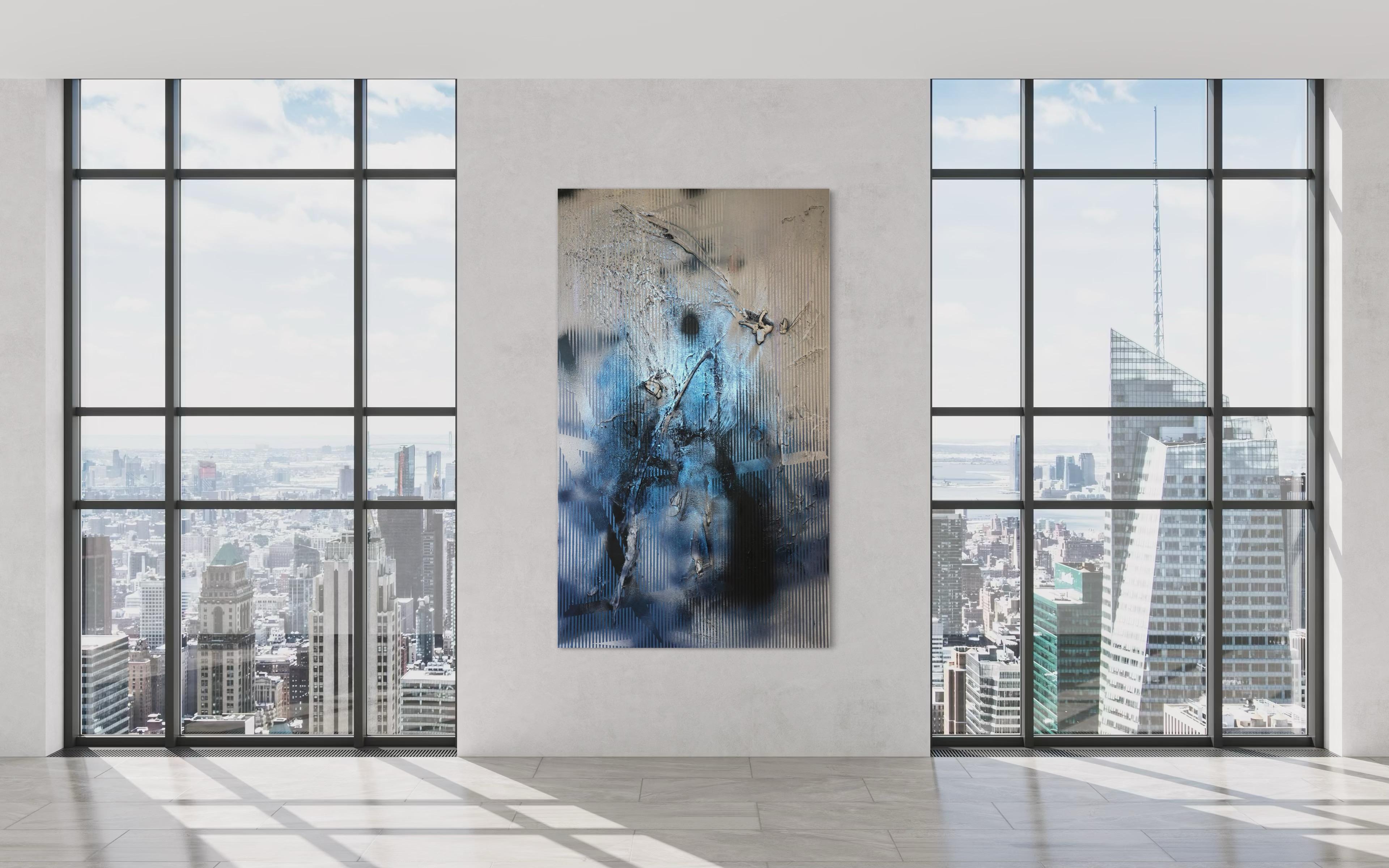 Sateen X (iridescent blue gestural abstract grid painting black grey texture) - Abstract Geometric Mixed Media Art by Melisa Taylor Metzger