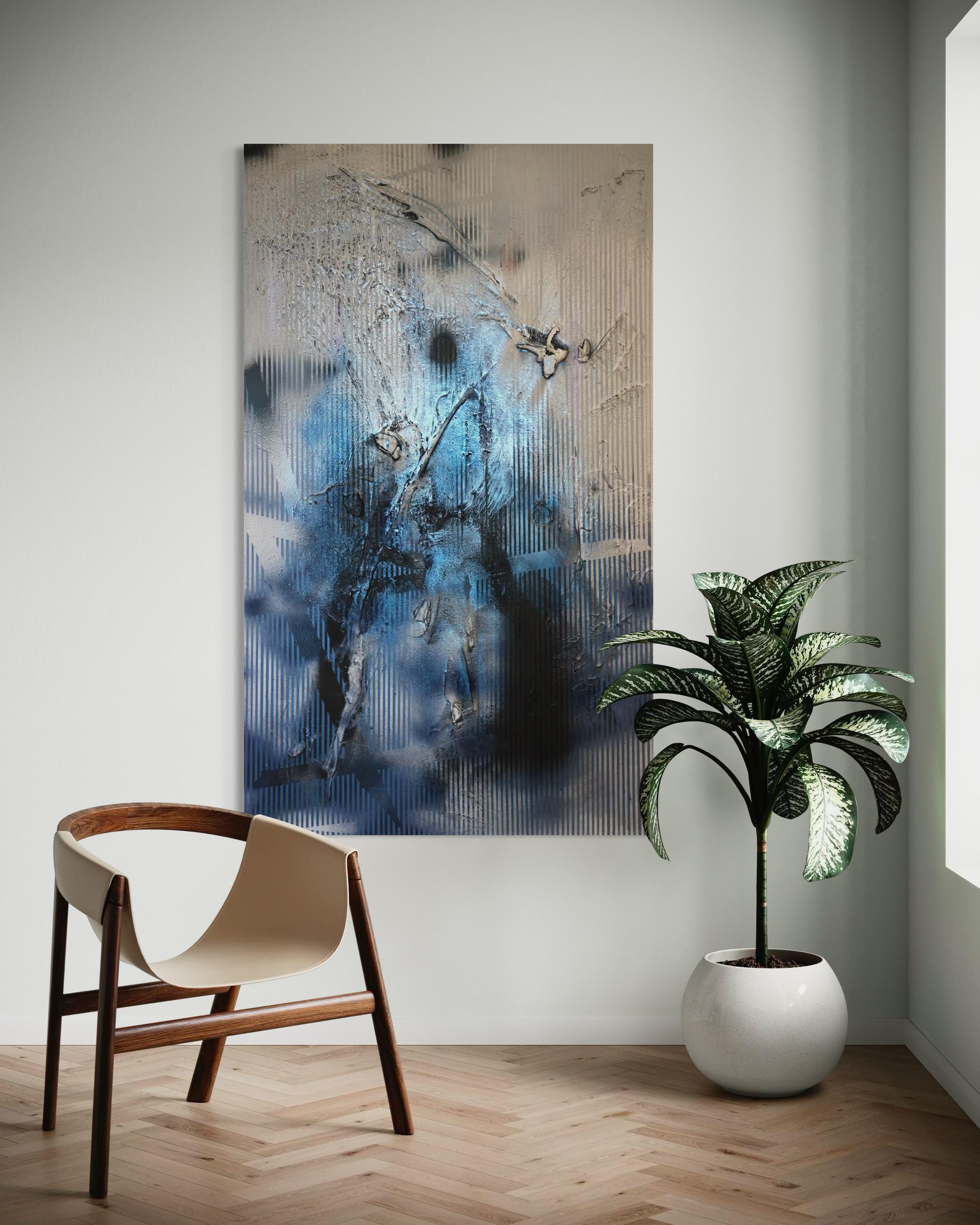 Sateen X (iridescent blue gestural abstract grid painting black grey texture) For Sale 1